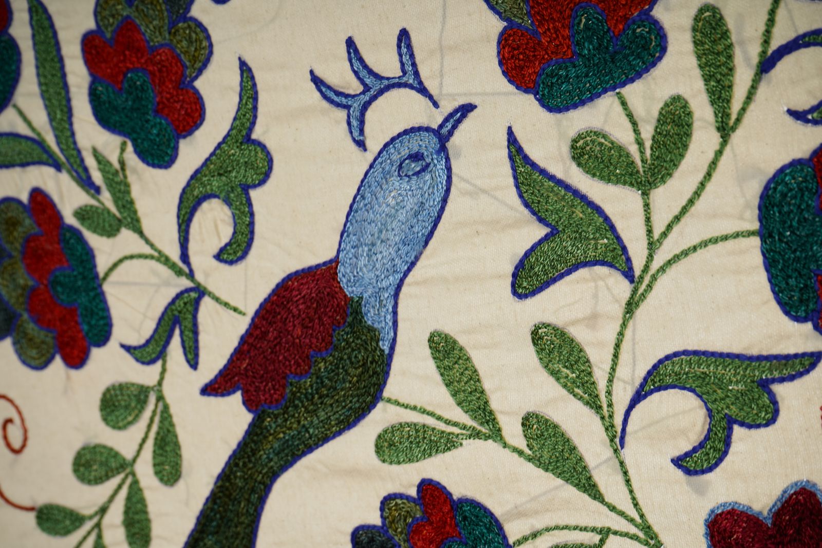 Decorative Suzani Embroidered Cotton Cloth – Featuring Traditional Bird And Floral Designs 1'5'' X 2'9'' photo vintage