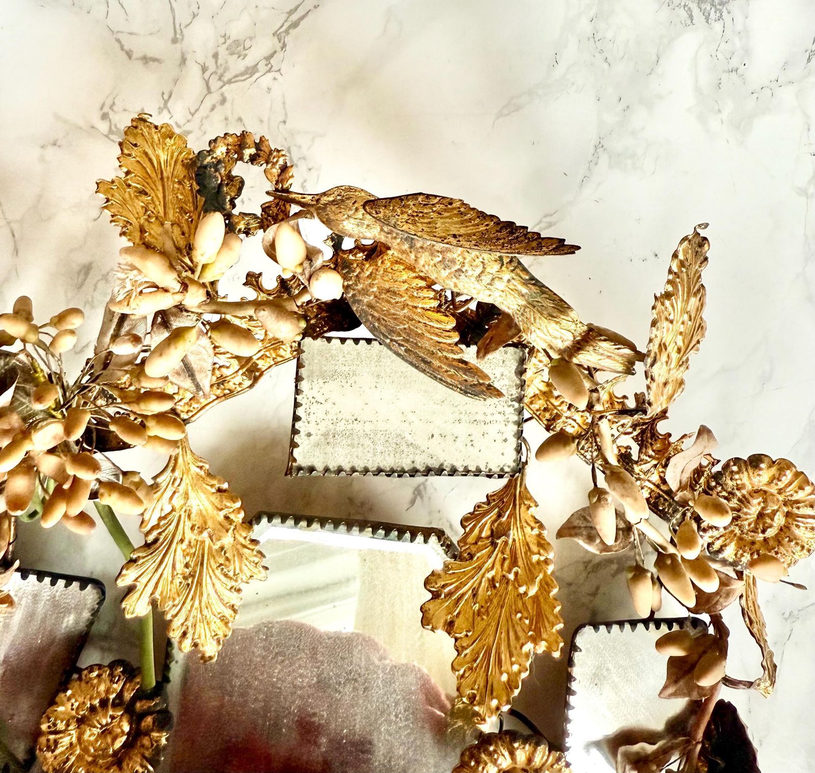 Antique Large 1800 French Wedding Globe Ornament Gilded Toleware Bird Foliage Hand Painted Mirror Romantic Victorian Boudoir Red Velvet photo furniture