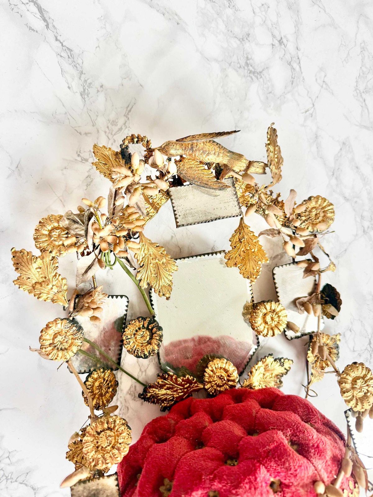 Antique Large 1800 French Wedding Globe Ornament Gilded Toleware Bird Foliage Hand Painted Mirror Romantic Victorian Boudoir Red Velvet photo for sale