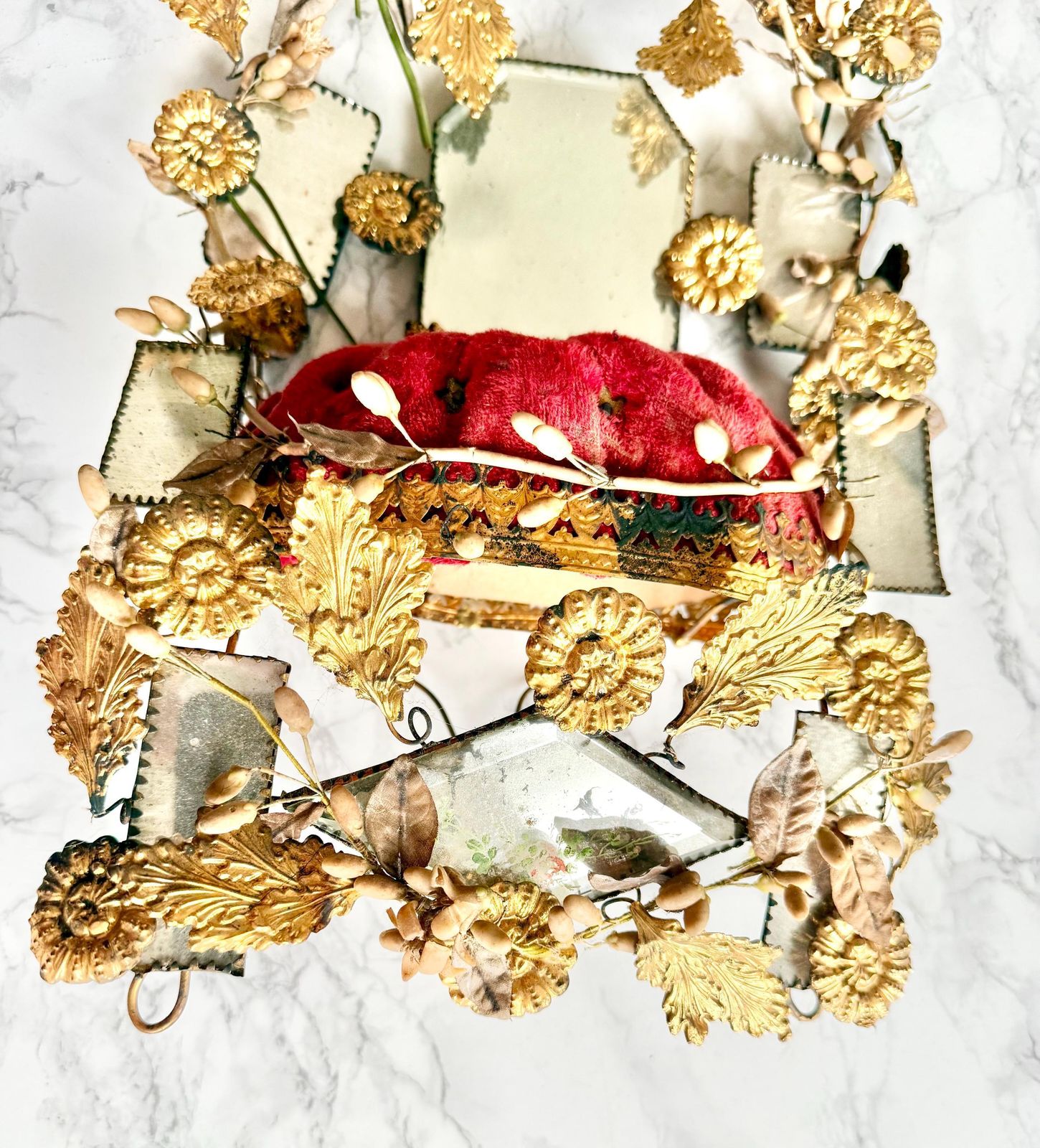 Antique Large 1800 French Wedding Globe Ornament Gilded Toleware Bird Foliage Hand Painted Mirror Romantic Victorian Boudoir Red Velvet photo vintage