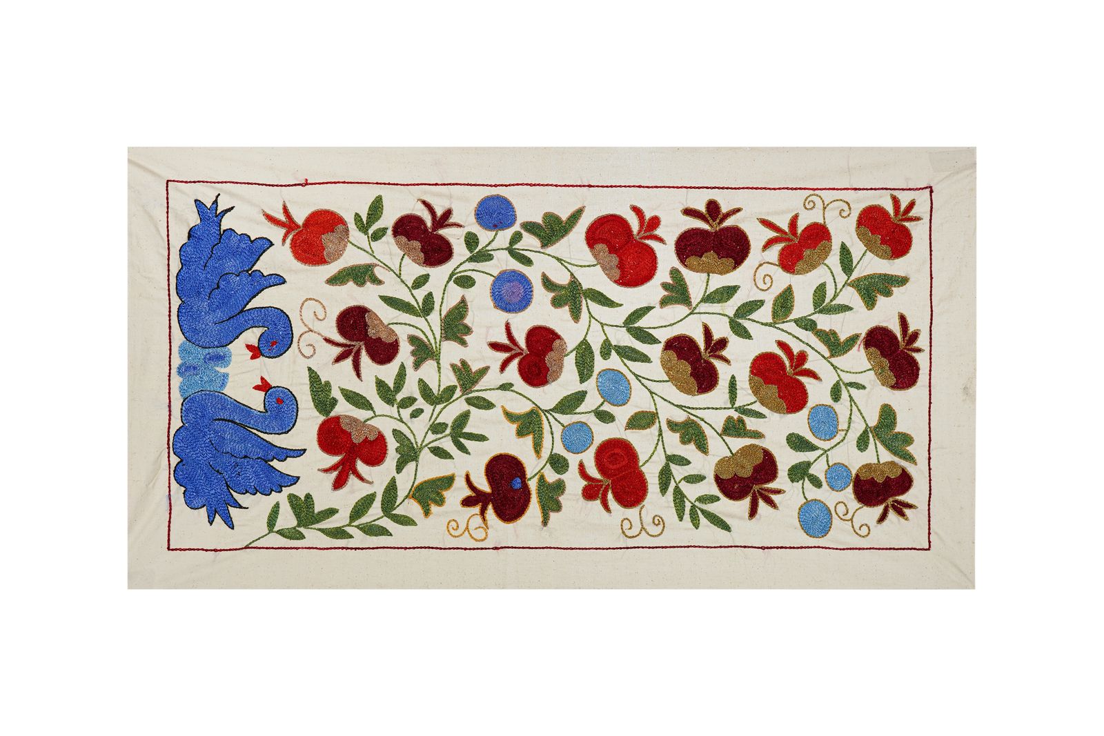19th Century Suzani Tablecloth   Uzbek Cotton Wall Hanging   Duck Swan Embroidery Runner 1'6'' X 3'1''