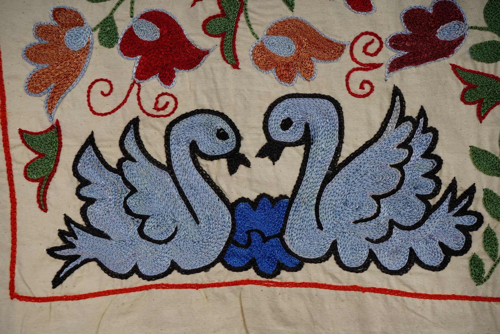 Suzani Embroidered Wall Hanging With Bird & Duck – Textile Art 1'6'' X 2'9'' photo vinterior