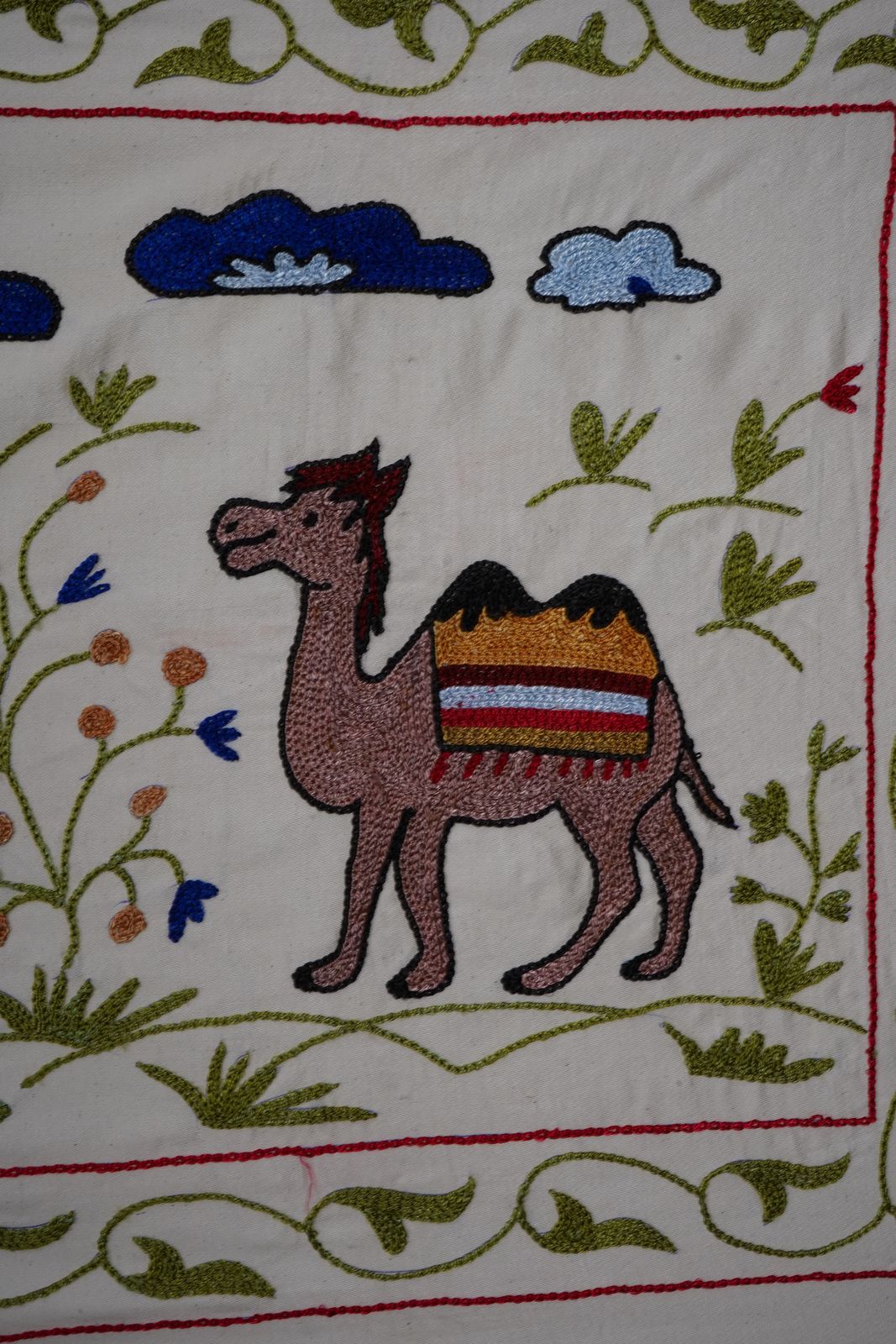 Uzbek Suzani Animal Silk Cotton Tablecloth, Camel Bukhara Wall Hanging Decor 1'8'' X 6'2'' photo for sale