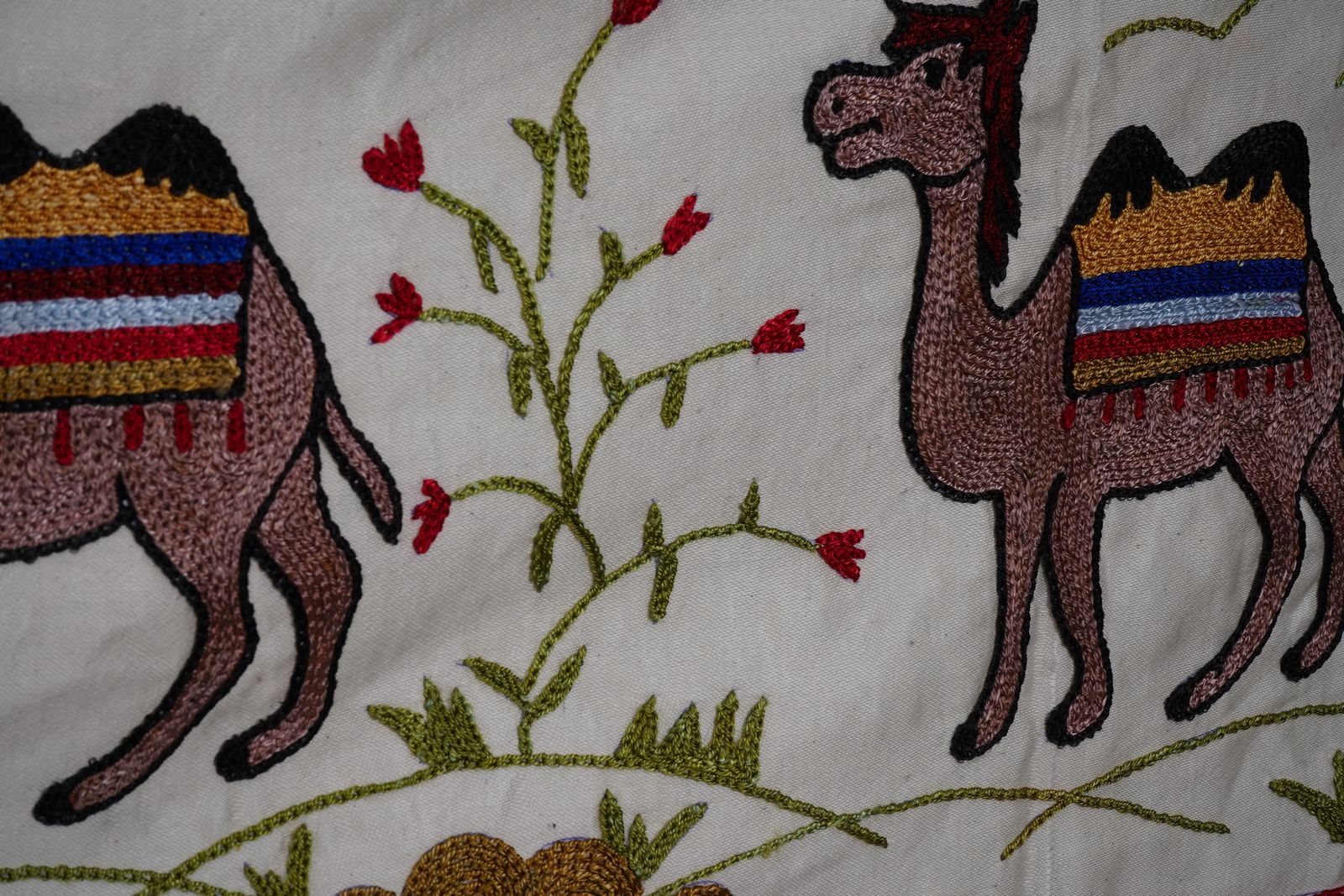 Uzbek Suzani Animal Silk Cotton Tablecloth, Camel Bukhara Wall Hanging Decor 1'8'' X 6'2'' photo vinterior