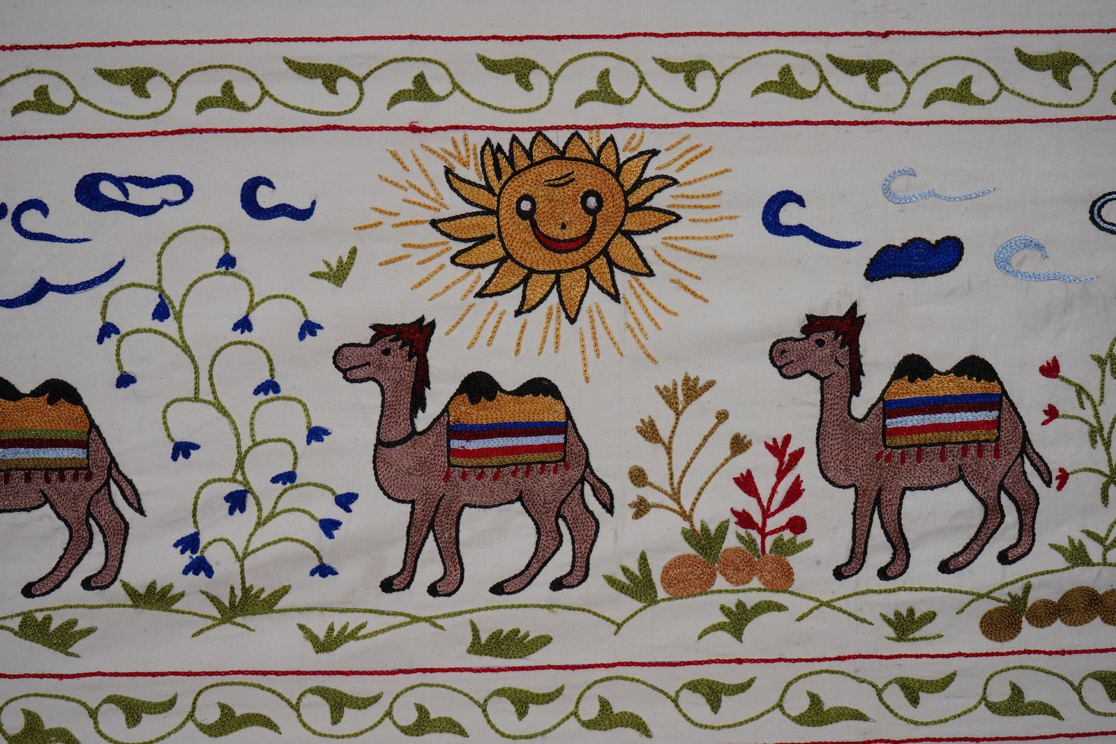 Uzbek Suzani Animal Silk Cotton Tablecloth, Camel Bukhara Wall Hanging Decor 1'8'' X 6'2'' photo buy
