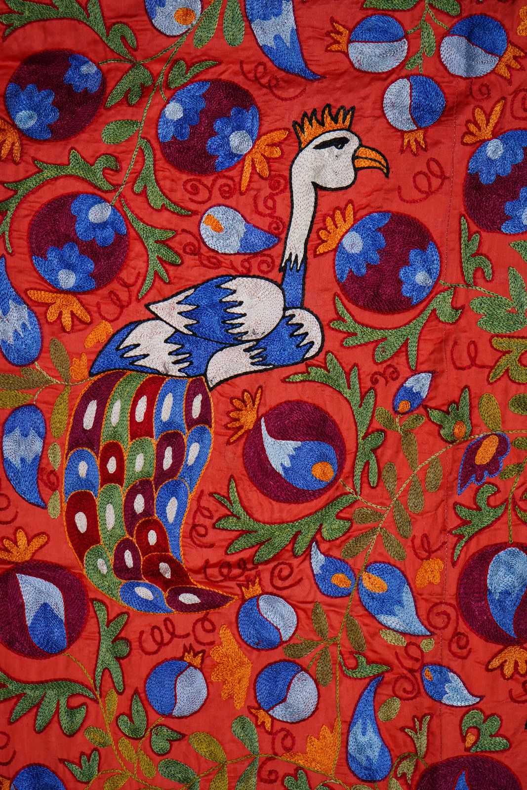 Red Suzani Embroidered Wall Hanging With Peacocks – Silk Cotton Boho Textile 3'4'' X 6'1'' photo Textiles