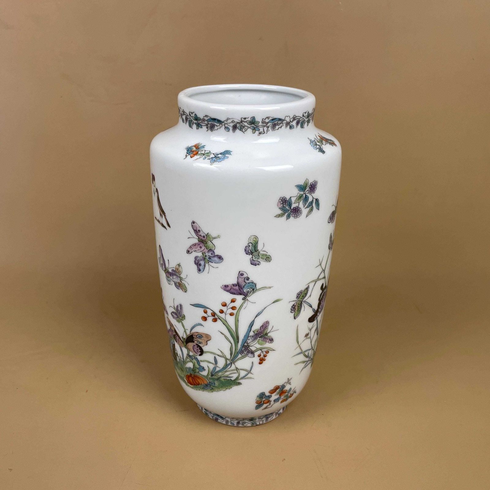 Japanese Aichi Seto Vase Butterfly Floral Hand Painted Planter Flower Display C.1940's Oriental Home Decor Table Flower Display Vintage