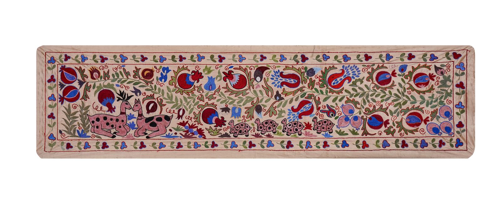 Cream Uzbek Suzani Embroidered Table Runner – Red Pomegranate & Blue Floral Boho Textile 1'8'' X 6'1'' photo furniture