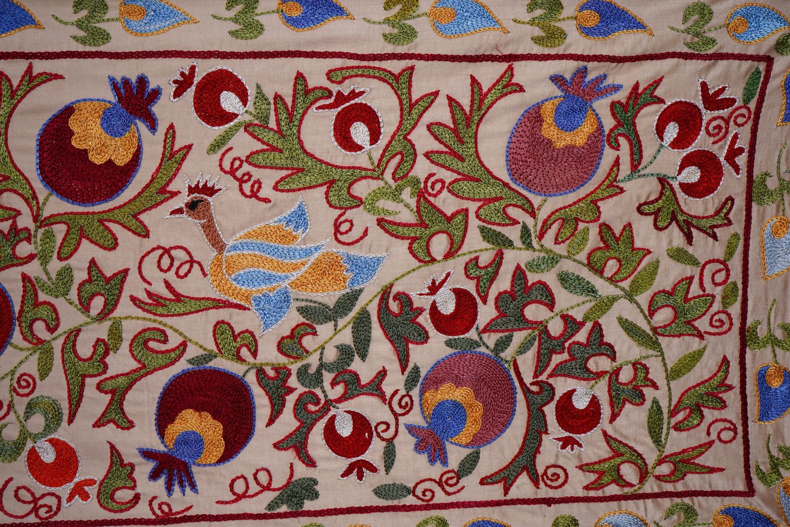 Floral Suzani Embroidery   Silk Cotton Blend Bird  Runner  1'8'' X 6'3'' photo for sale