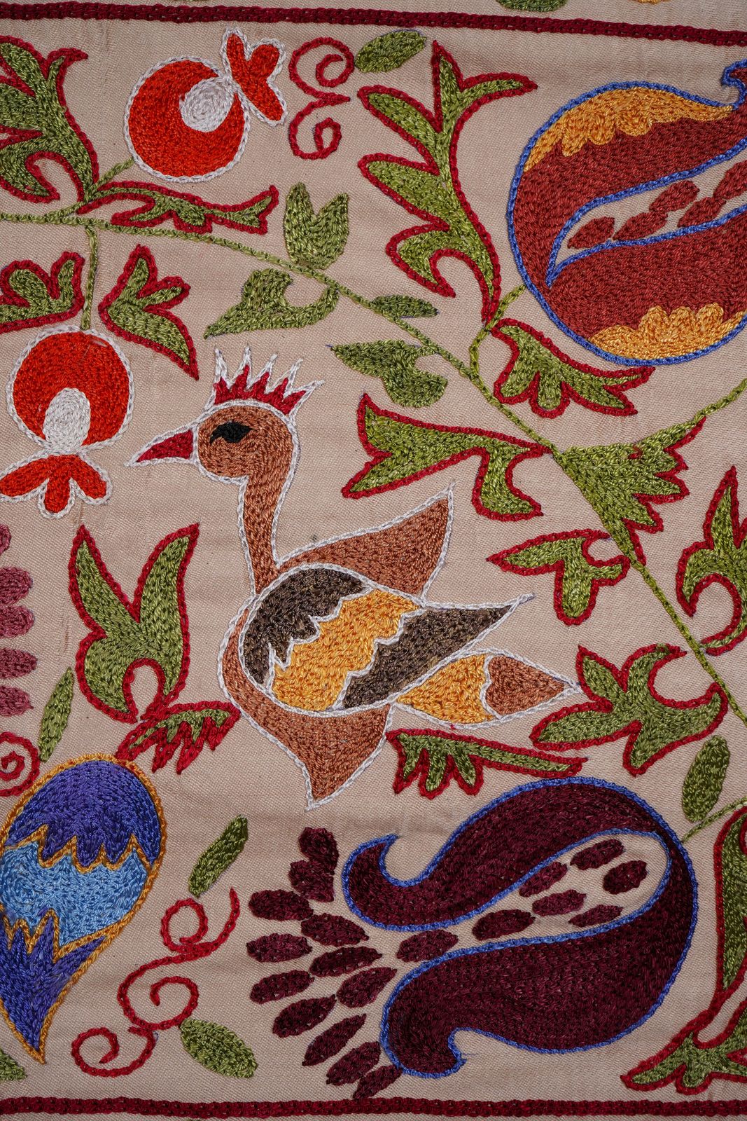 Textiles Floral Suzani Embroidery   Silk Cotton Blend Bird  Runner  1'8'' X 6'3'' photo