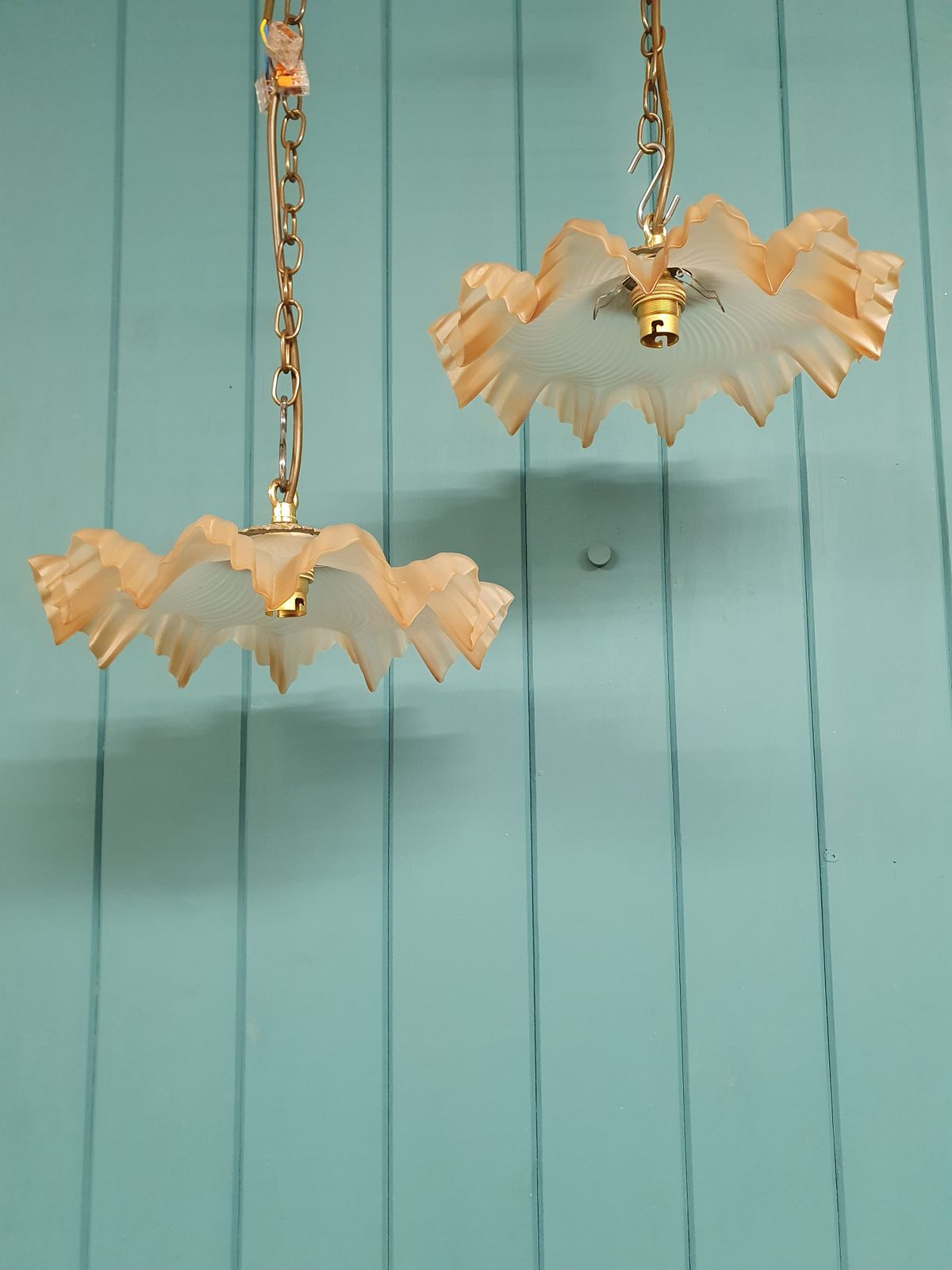 Pair Of Antique French Frilly Glass Pendant 11"