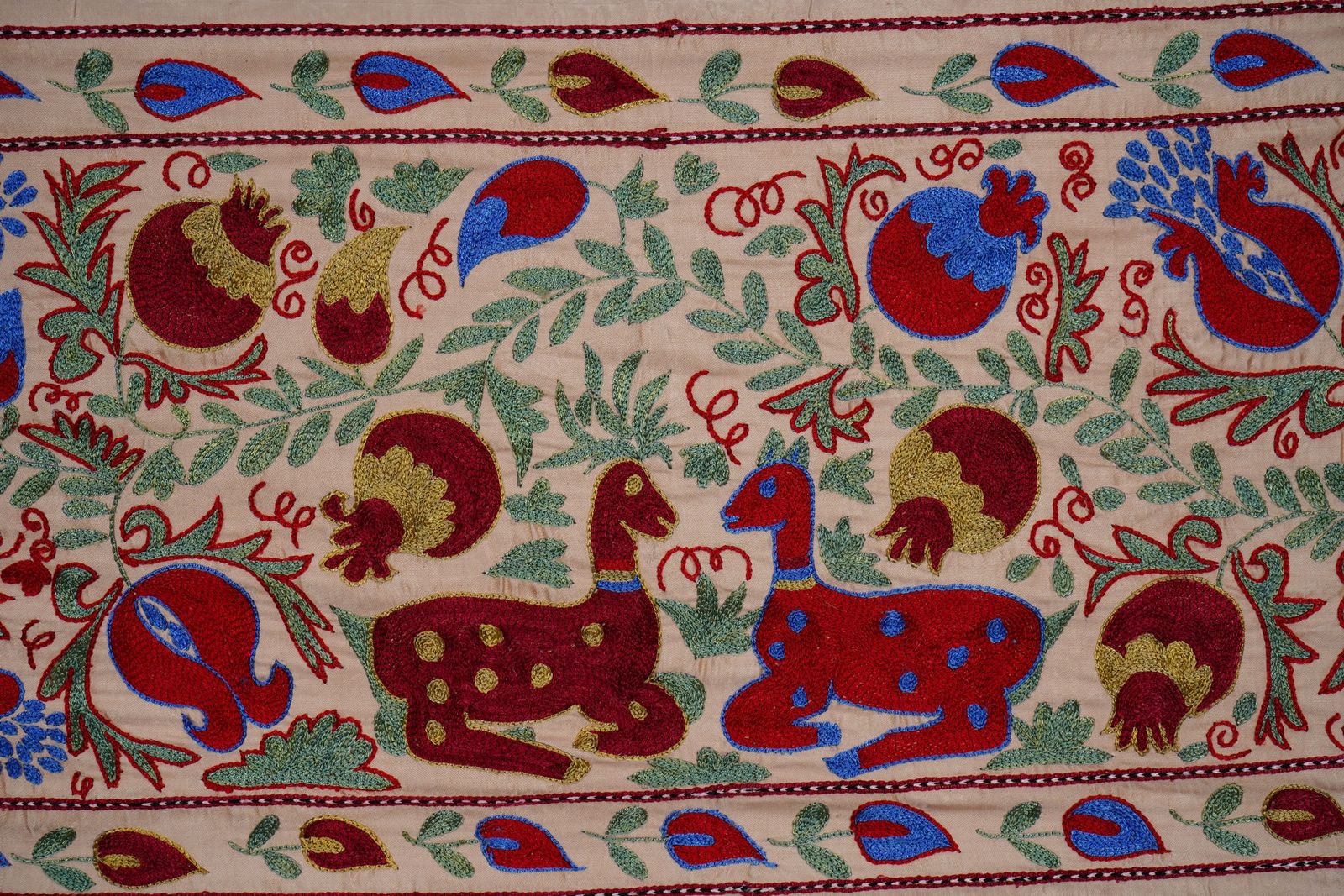 Cream Uzbek Suzani Embroidered Table Runner – Red Pomegranate & Blue Floral Boho Textile 1'8'' X 6'1'' photo vinterior