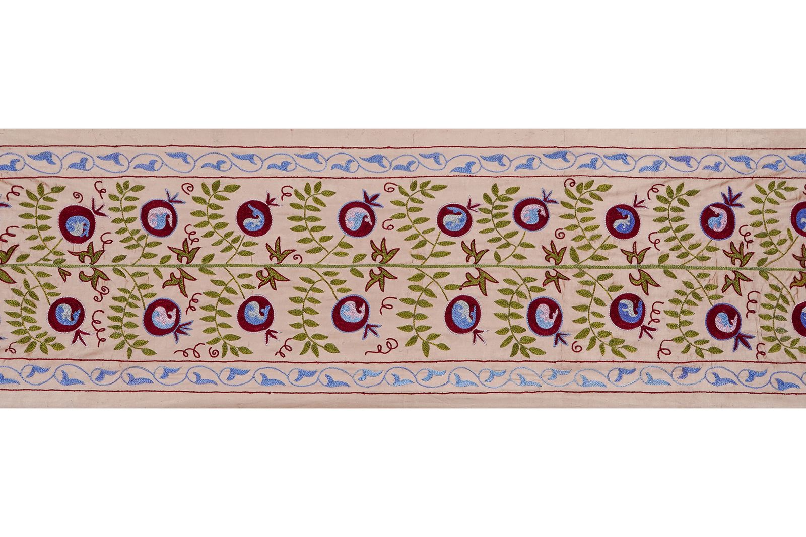 Long Suzani Embroidery Runner – Beige And Green Pomegranate Motif Bohemian Decor 1'7'' X 6'2'' photo 200.0