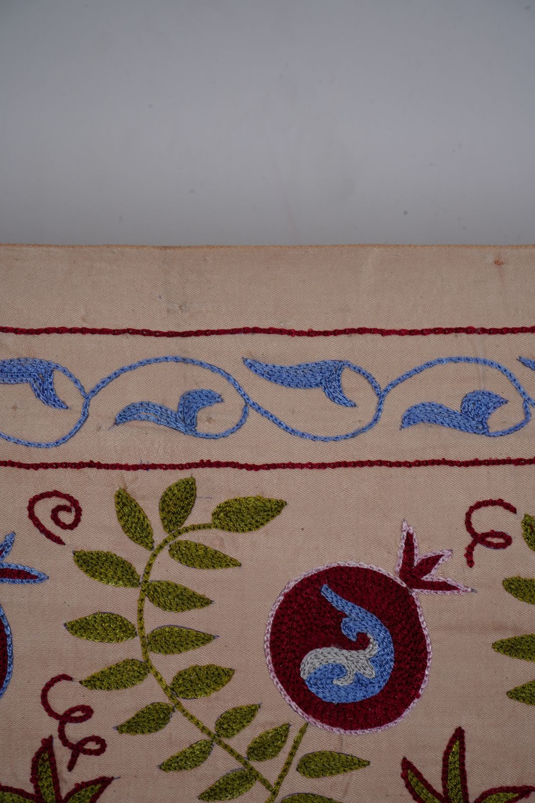Long Suzani Embroidery Runner – Beige And Green Pomegranate Motif Bohemian Decor 1'7'' X 6'2'' photo vinterior