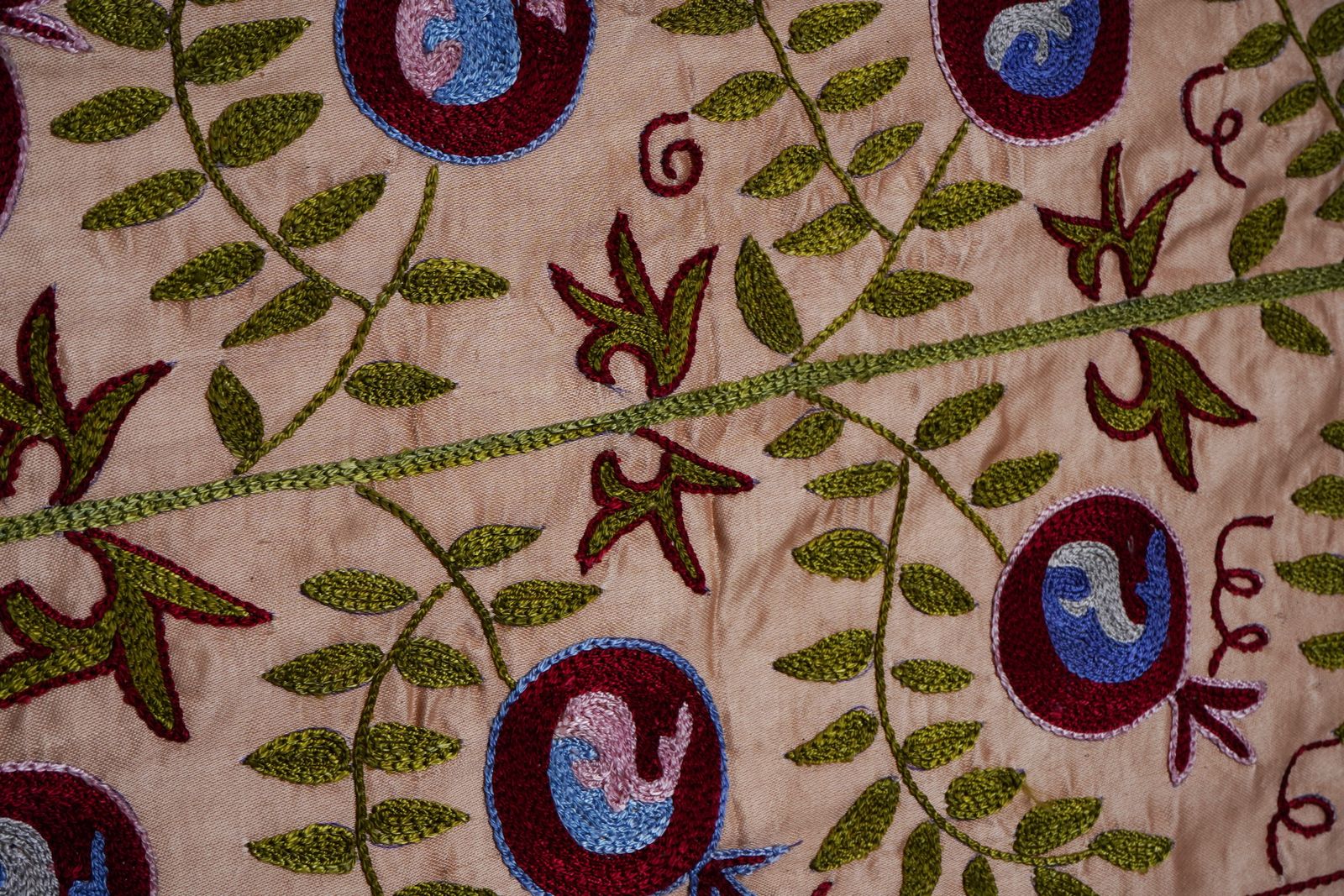 Textiles Long Suzani Embroidery Runner – Beige And Green Pomegranate Motif Bohemian Decor 1'7'' X 6'2'' photo