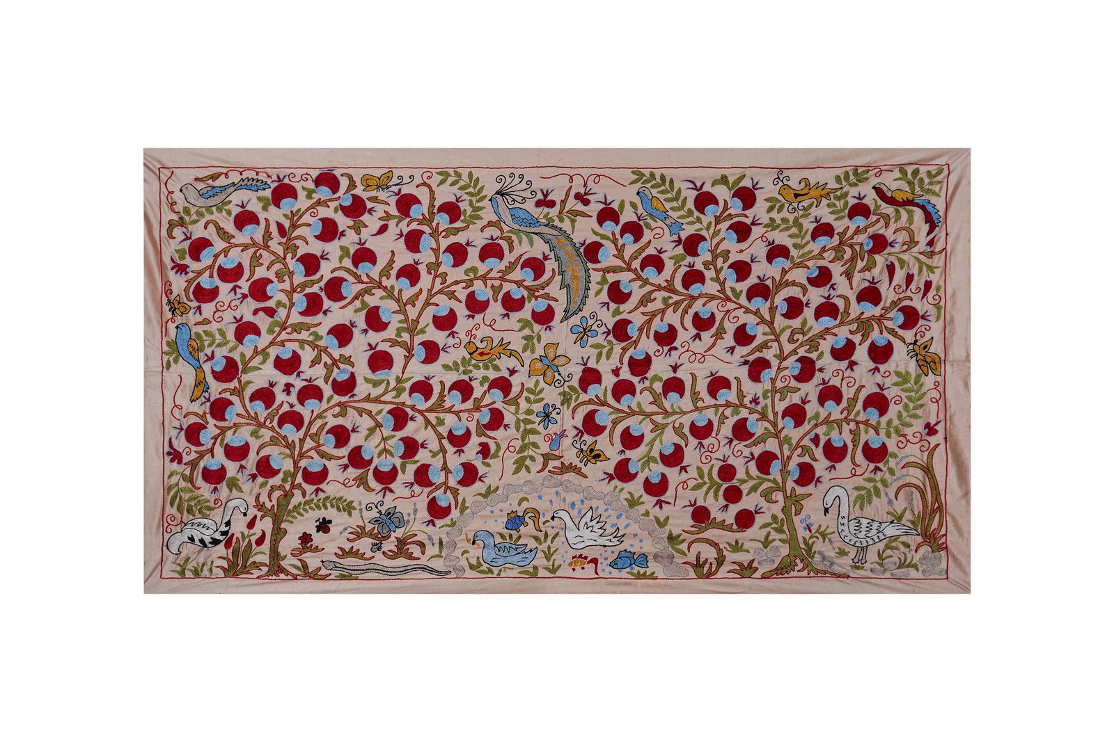 Beige Uzbek Suzani Textile – Silk Blend Red Pomegranate & Bird Motif Wall Art 3'4'' X 6'1''