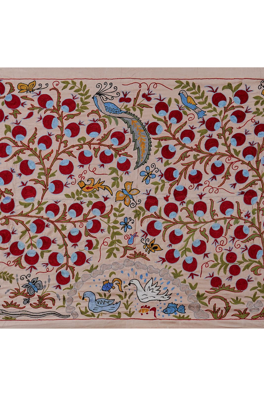 Beige Uzbek Suzani Textile – Silk Blend Red Pomegranate & Bird Motif Wall Art 3'4'' X 6'1'' photo vinterior