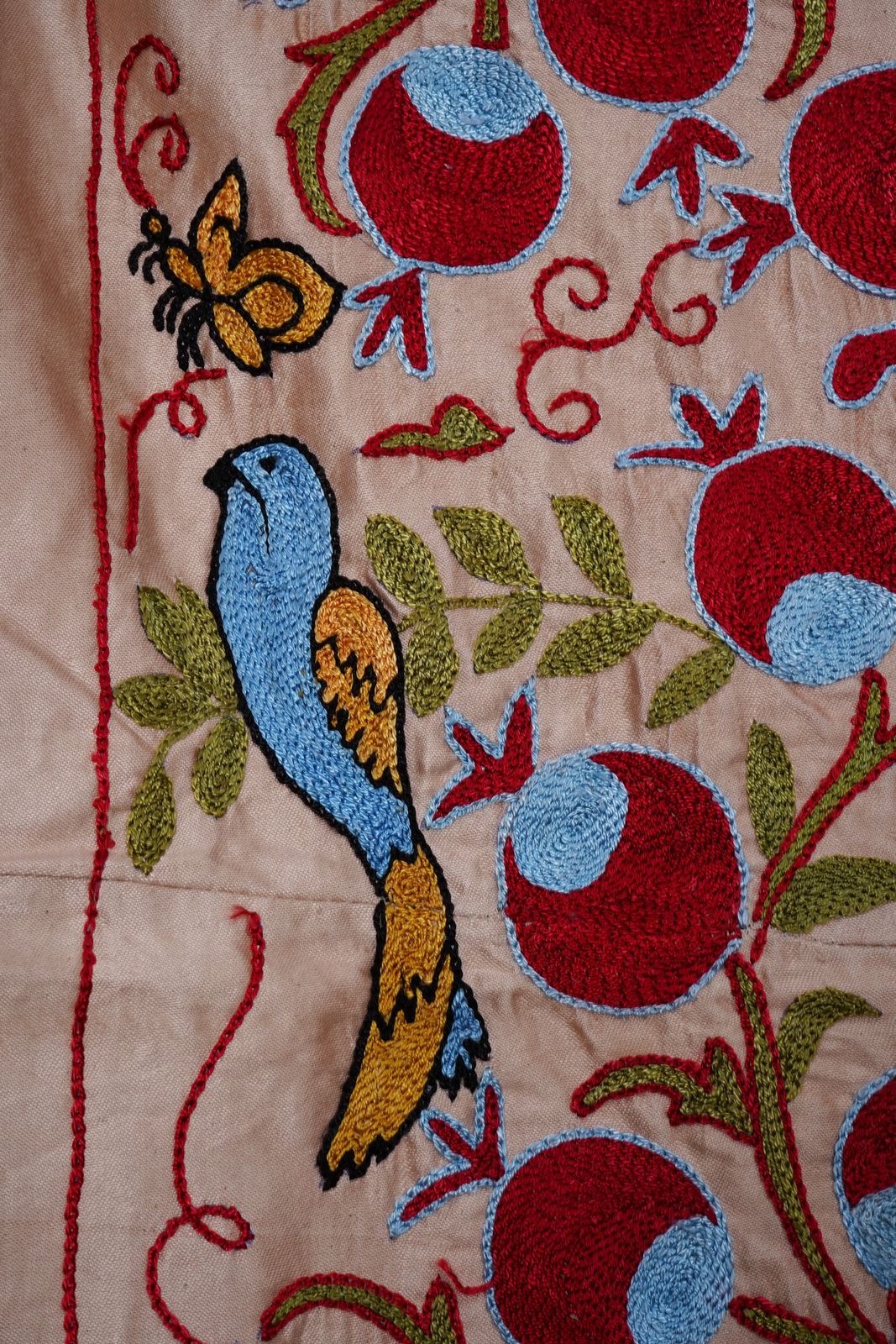 Textiles Beige Uzbek Suzani Textile – Silk Blend Red Pomegranate & Bird Motif Wall Art 3'4'' X 6'1'' photo