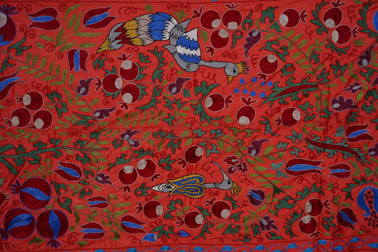 photo furniture Red & Blue Uzbek Suzani Wall Hanging – Pomegranate Tree And Bird Embroidered Textile 3'4'' X 6'1''