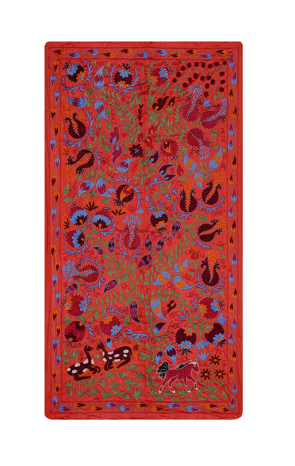 Red Uzbek Suzani Embroidered Wall Hanging – Floral Tree Of Life Horse And Deer Boho Textile Art 3'4'' X 6'1''