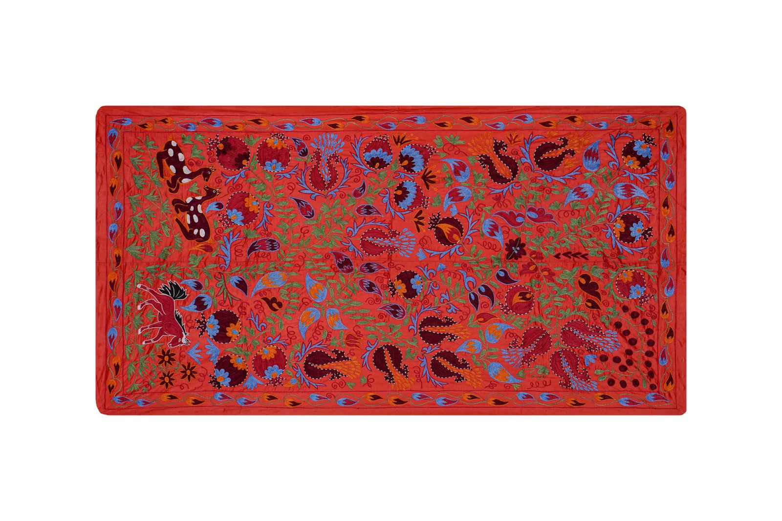 Red Uzbek Suzani Embroidered Wall Hanging – Floral Tree Of Life Horse And Deer Boho Textile Art 3'4'' X 6'1'' photo Textiles