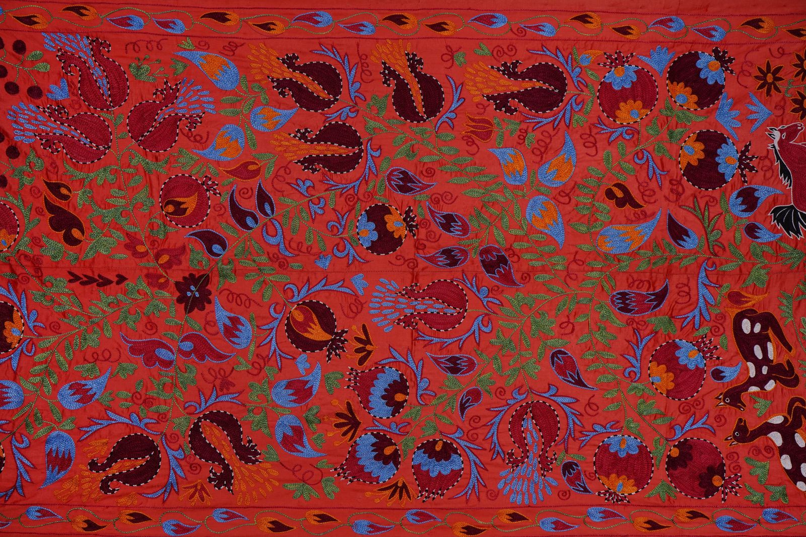 Red Uzbek Suzani Embroidered Wall Hanging – Floral Tree Of Life Horse And Deer Boho Textile Art 3'4'' X 6'1'' photo vinterior