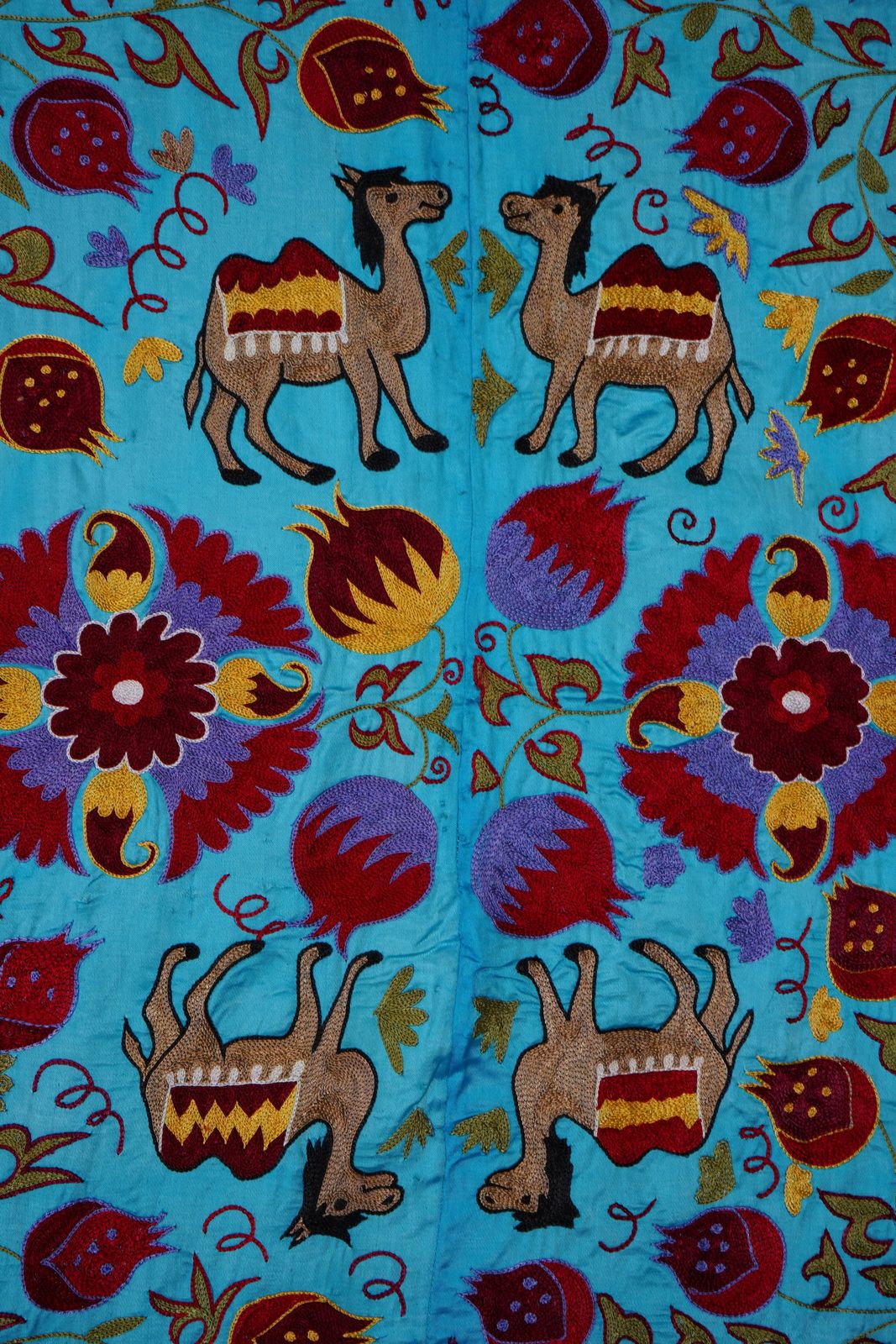 Blue Uzbek Suzani Wall Art – Camel & Floral Motif Embroidery 3'4'' X 6'2'' photo for sale