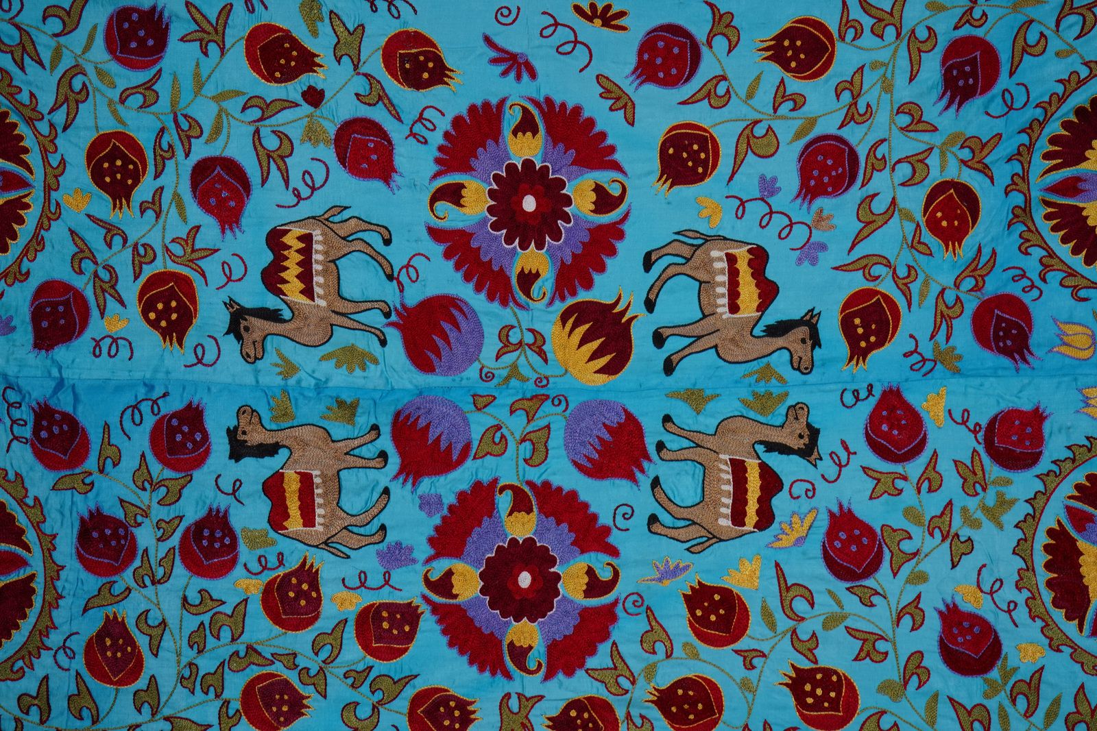 Textiles Blue Uzbek Suzani Wall Art – Camel & Floral Motif Embroidery 3'4'' X 6'2'' photo