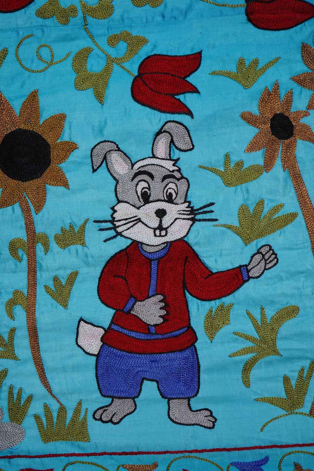 Blue Uzbek Suzani Wall Hanging – Folk Animal Scene Embroidered Textile Art 3'4'' X 6'2'' photo Textiles