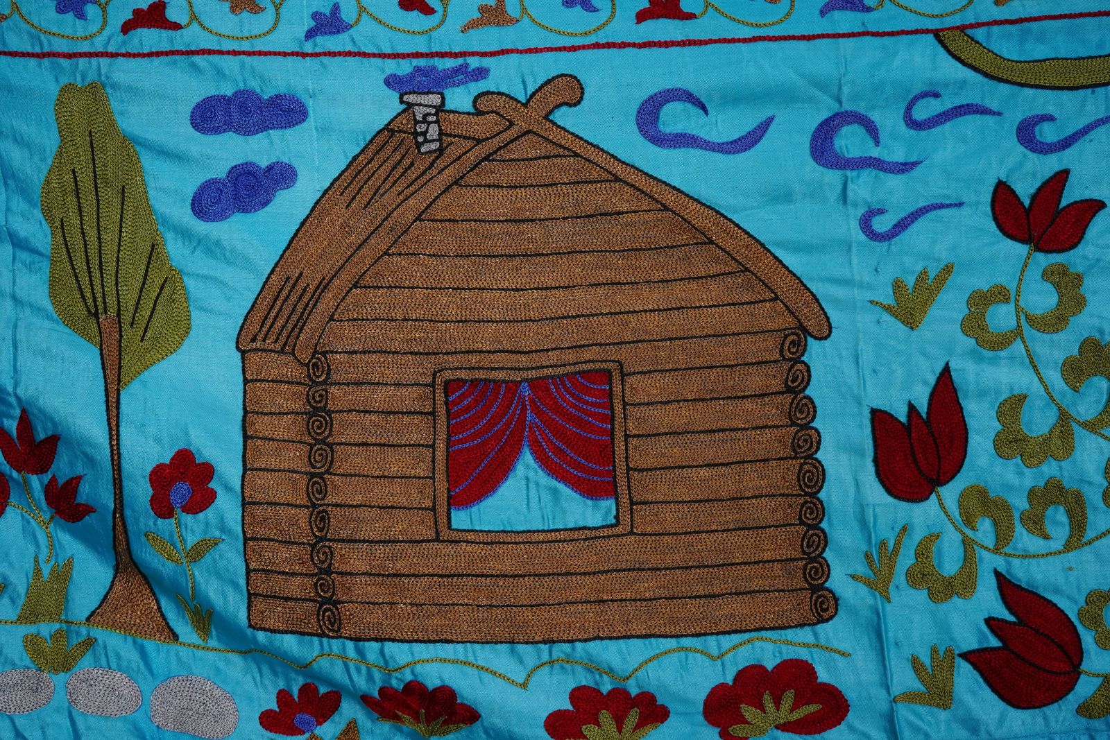 Blue Uzbek Suzani Wall Hanging – Folk Animal Scene Embroidered Textile Art 3'4'' X 6'2'' photo 400.0
