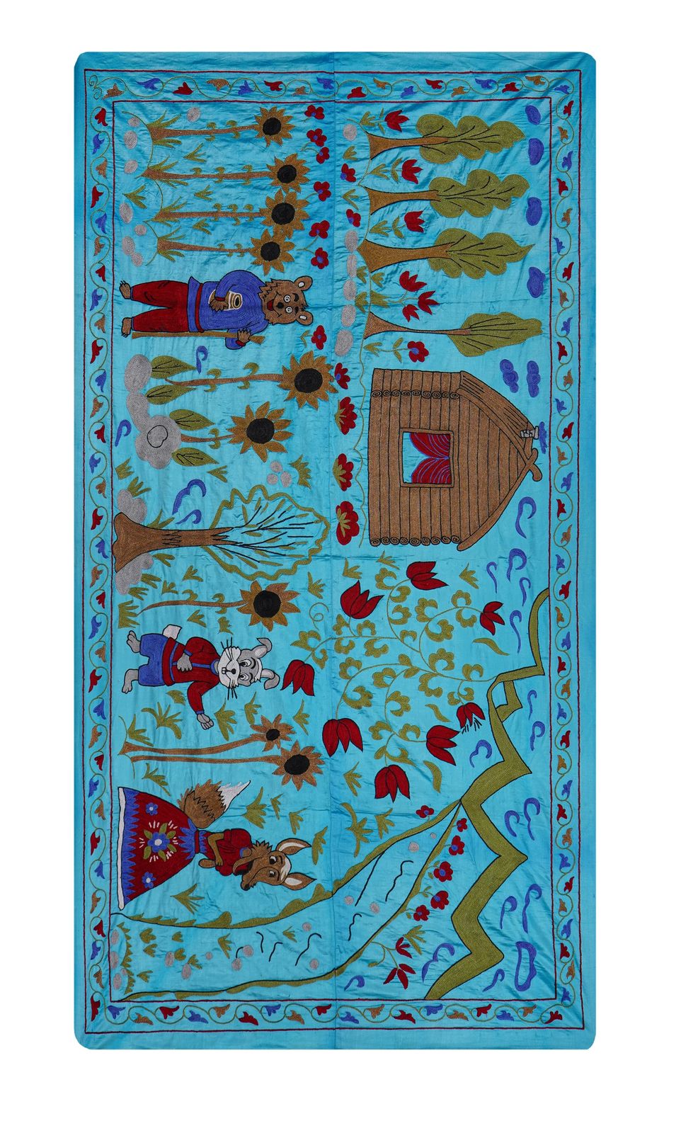 Blue Uzbek Suzani Wall Hanging – Folk Animal Scene Embroidered Textile Art 3'4'' X 6'2'' photo buy