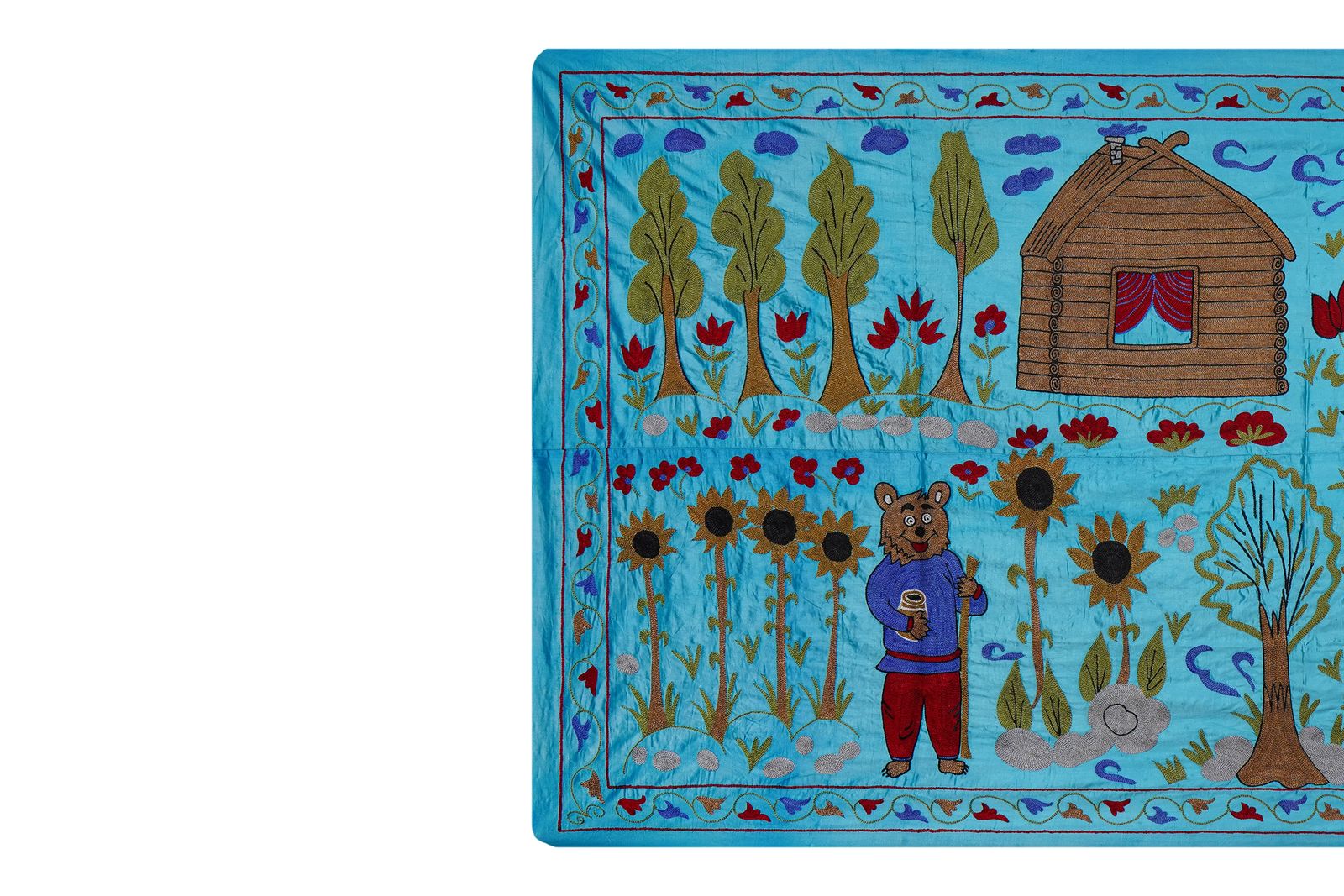 photo for sale Blue Uzbek Suzani Wall Hanging – Folk Animal Scene Embroidered Textile Art 3'4'' X 6'2''