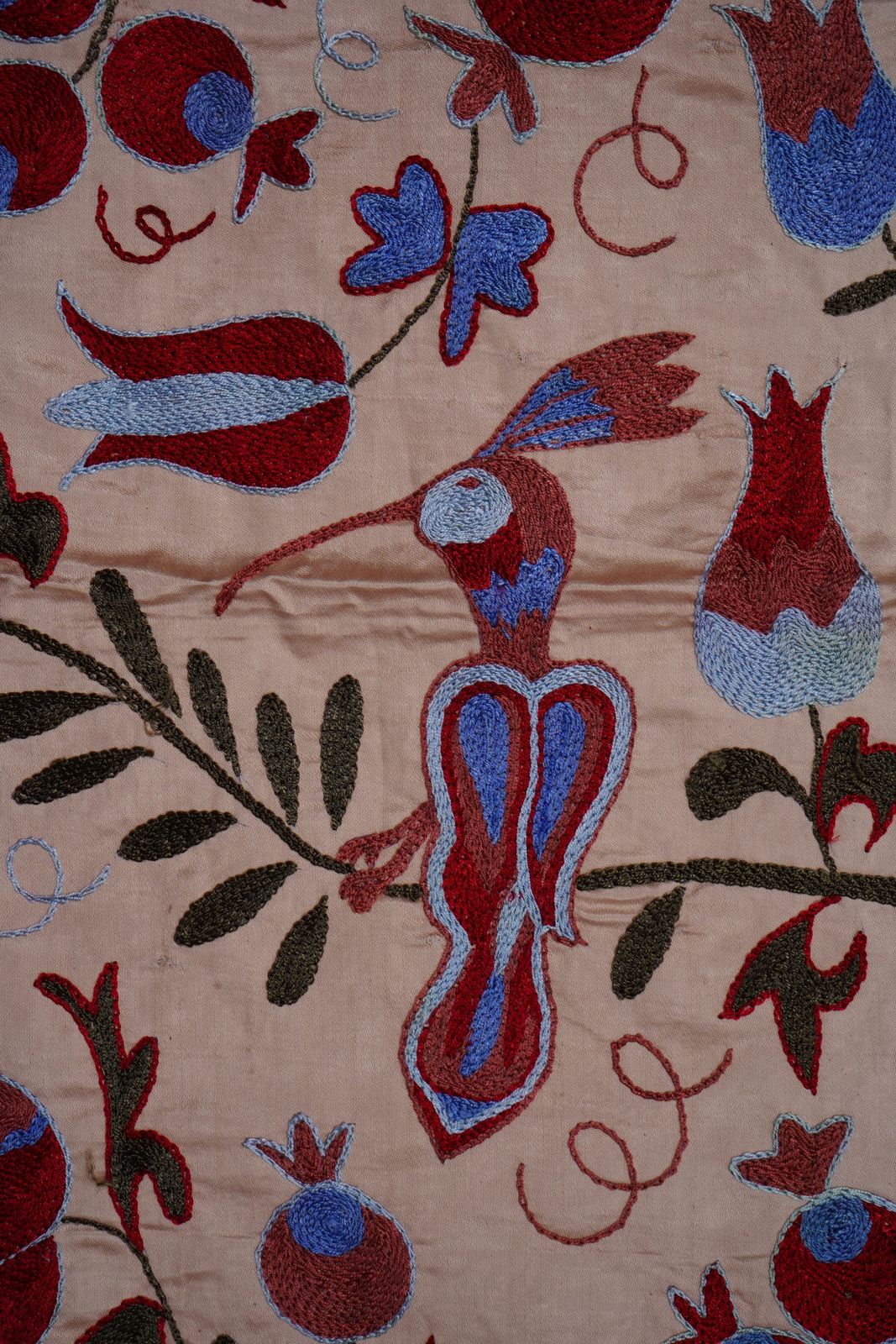 Textiles Beige Uzbek Suzani Wall Hanging – Tree Of Life Pomegranate Embroidery Textile Art 3'5'' X 6'2'' photo