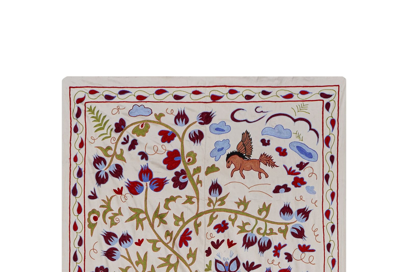 Uzbek Suzani Embroidered Wall Hanging – Peacock, Horse & Tree Of Life Design 3'6'' X 6' photo buy