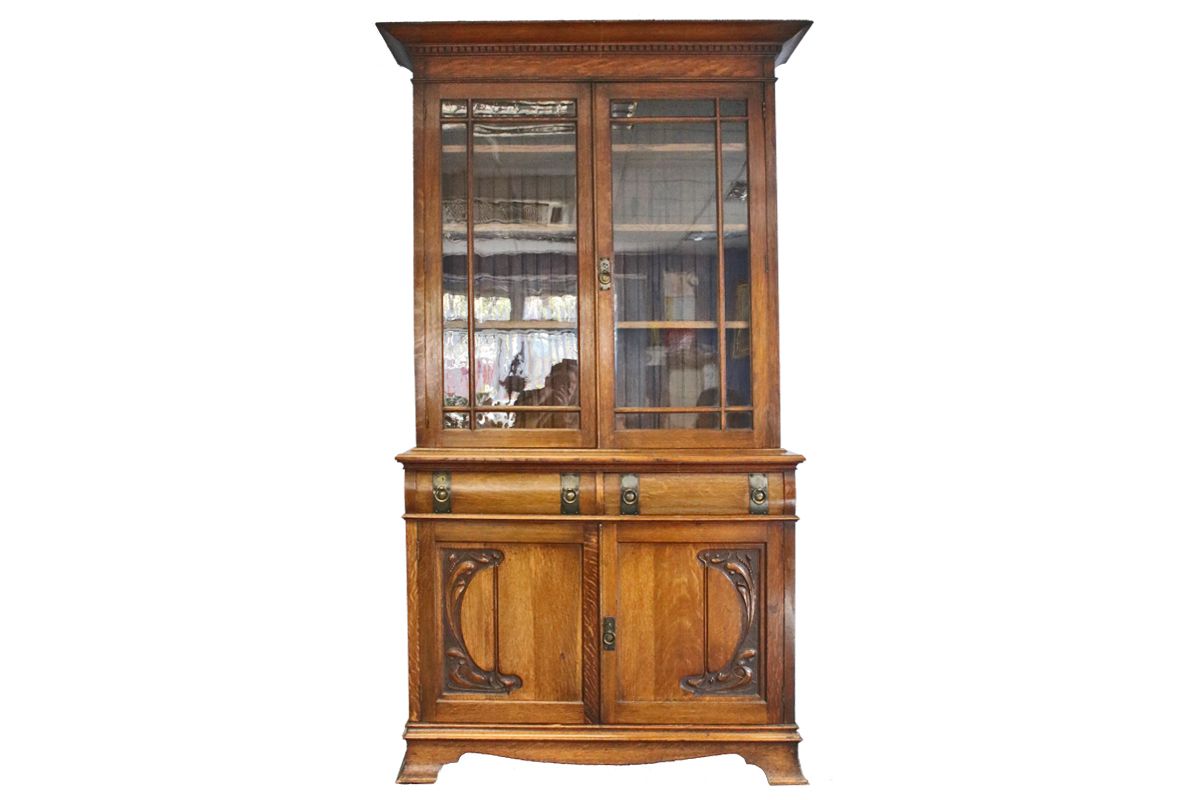Early 20th Century Arts And Crafts Carved Oak Library Bookcase photo furniture
