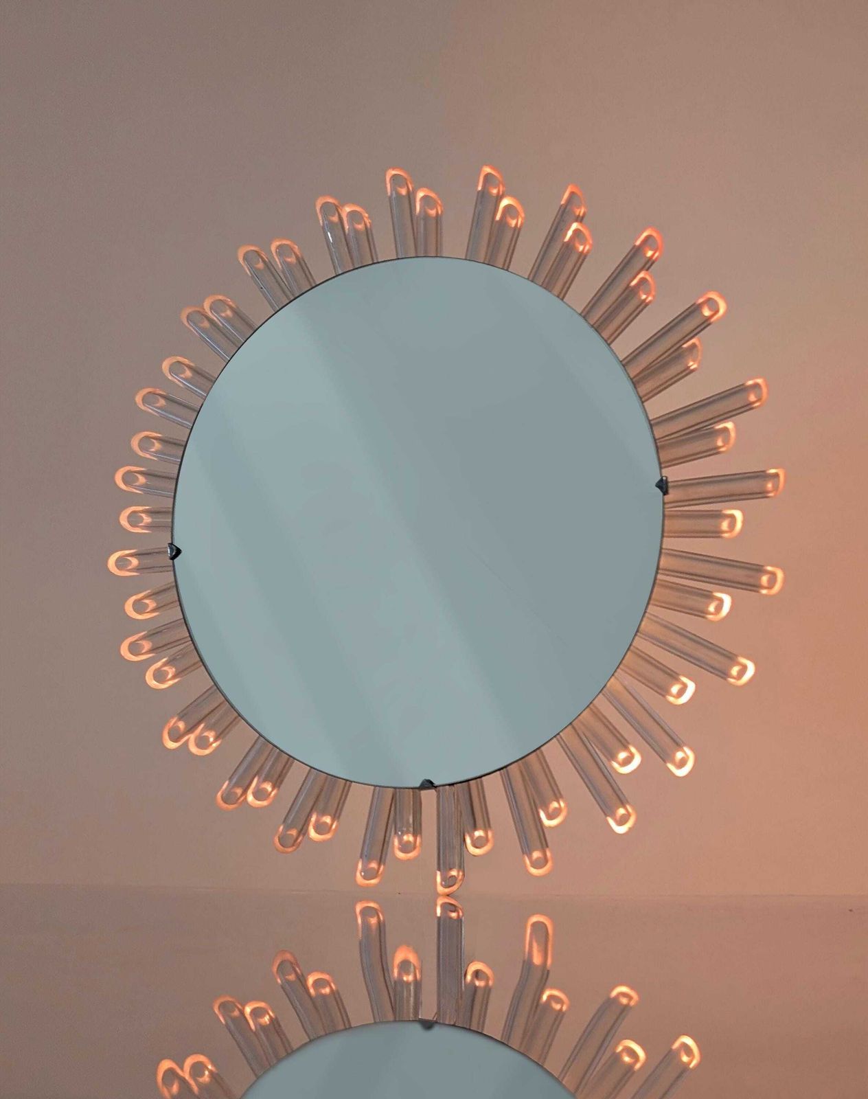 Mid Century Modern Sun Mirror Wall Mirror In Lucite With Pink Light, 1970s photo buy