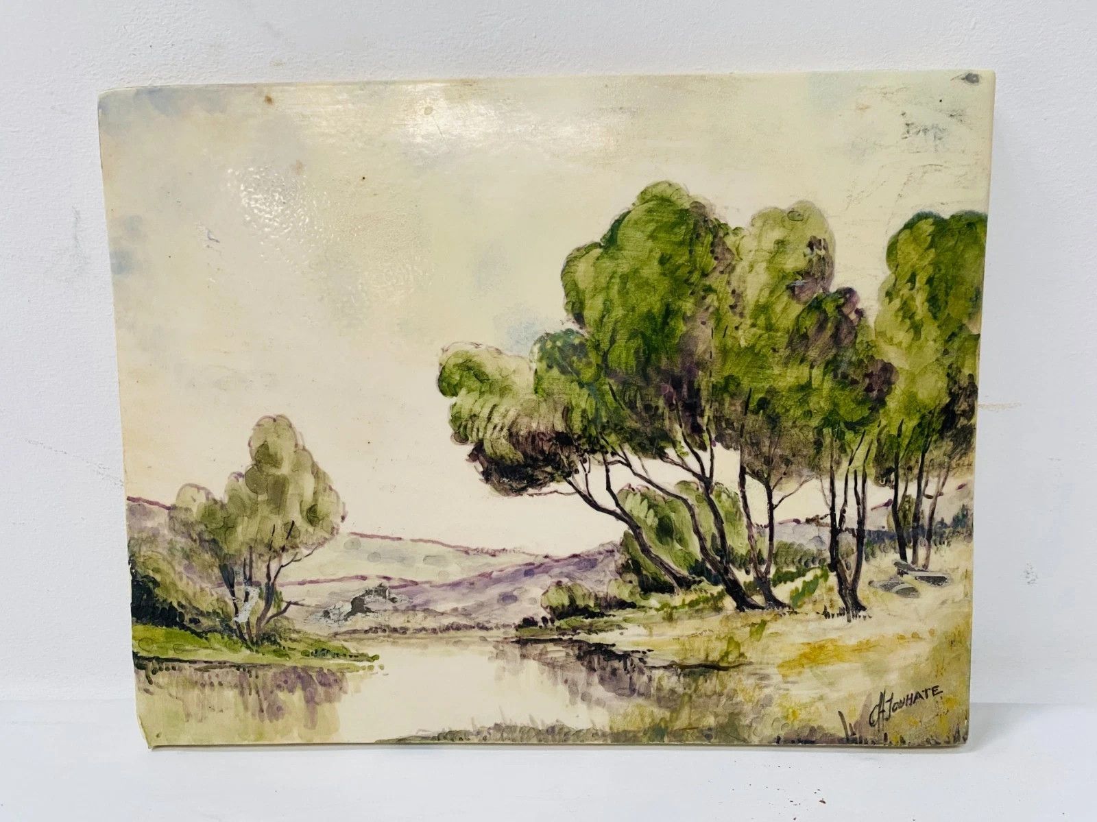 "Country Landscape" Oil On Porcelain Plate 20th Century photo furniture