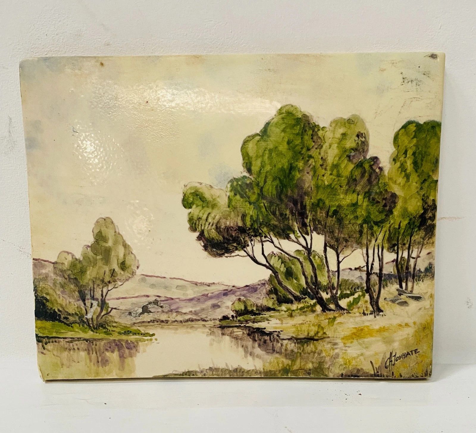 photo furniture "Country Landscape" Oil On Porcelain Plate 20th Century