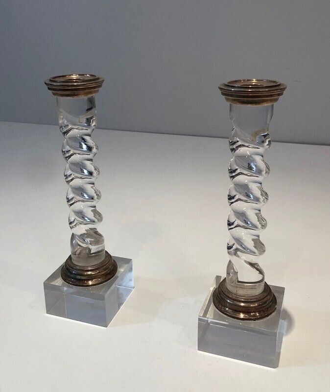 Silver Plated And Lucite Twisted Candlesticks