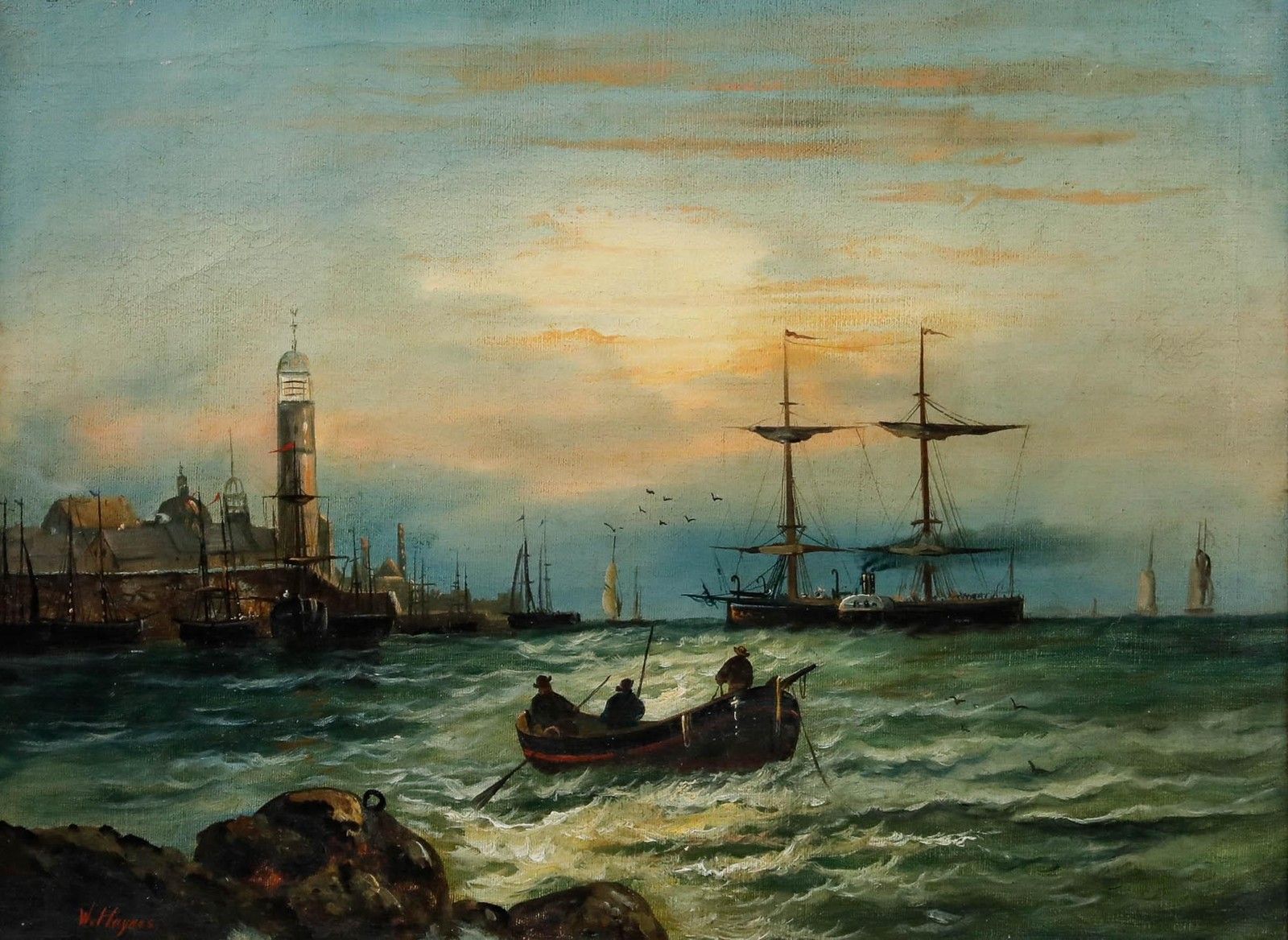 W. Haynes Framed Late 19th Century Oil, Fishing At Dusk photo furniture