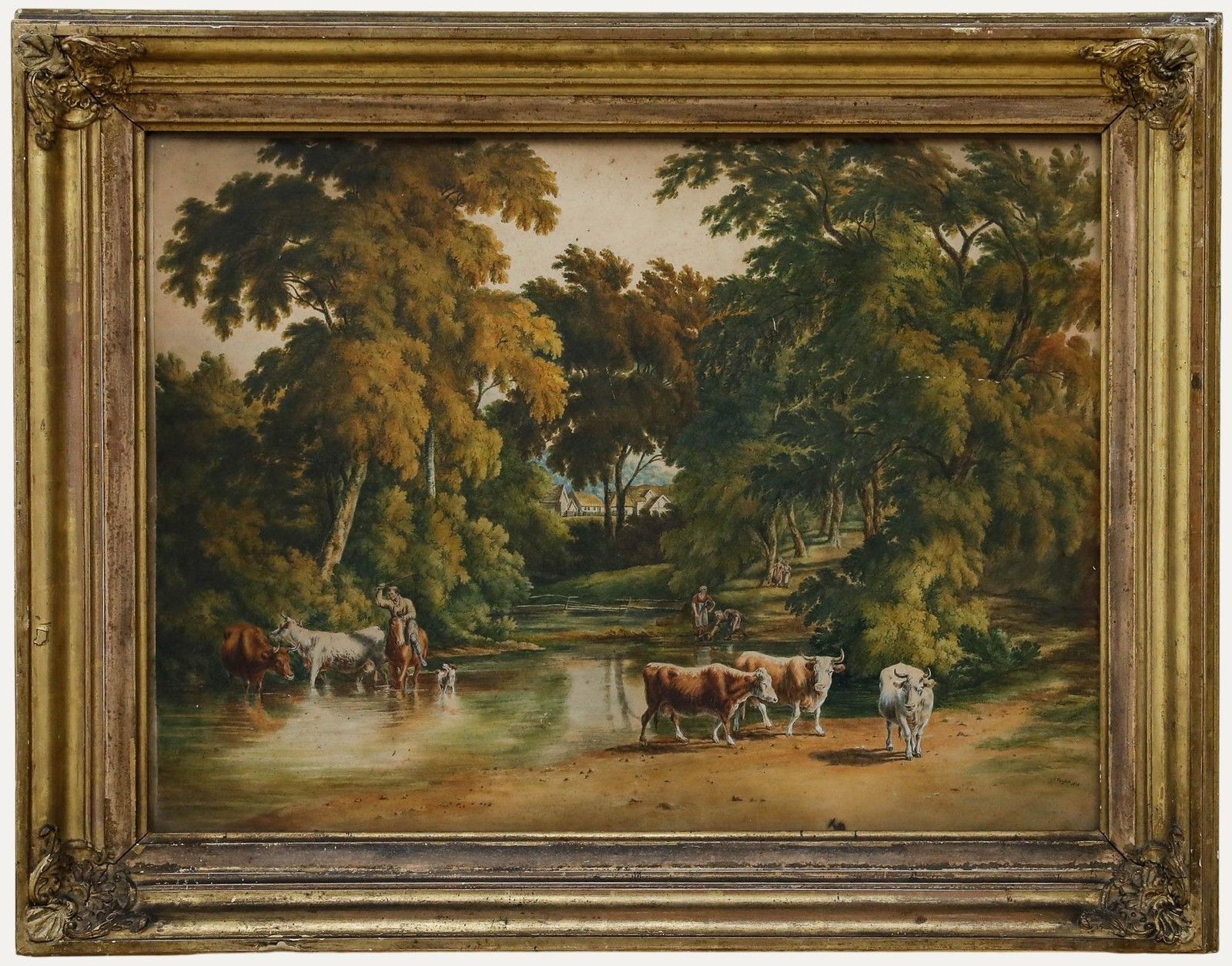 S. Hughes 1820 Watercolour, A Drover And Cattle By A Stream
