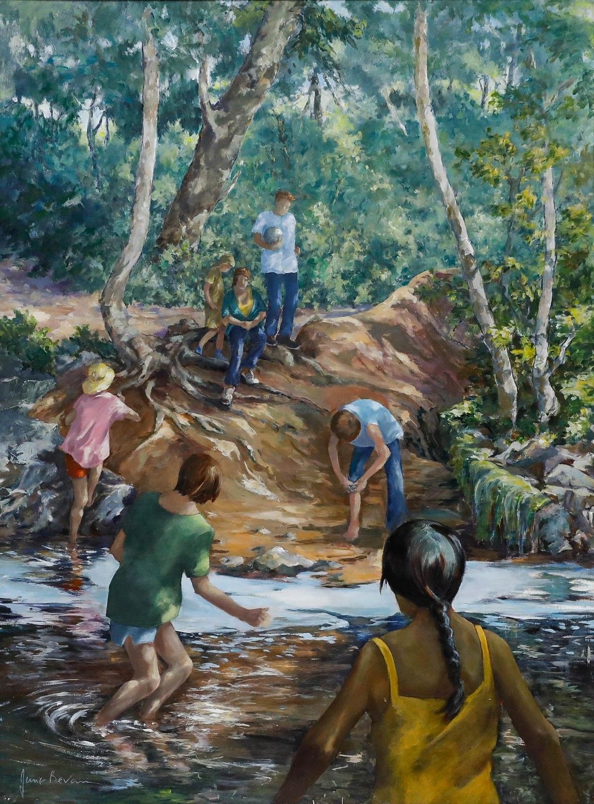 June Bevan (B.1927) 20th Century Acrylic, Children Paddling In Bramhall Park photo furniture