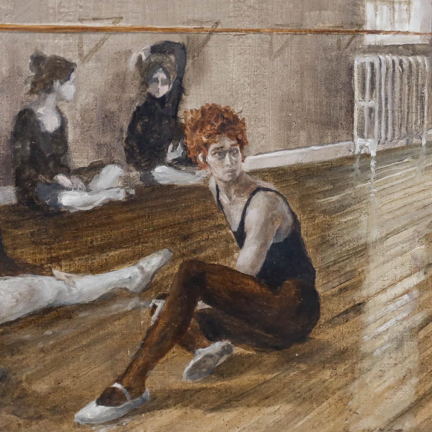 Framed 1971 Oil Ballerinas Before Rehearsal photo for sale