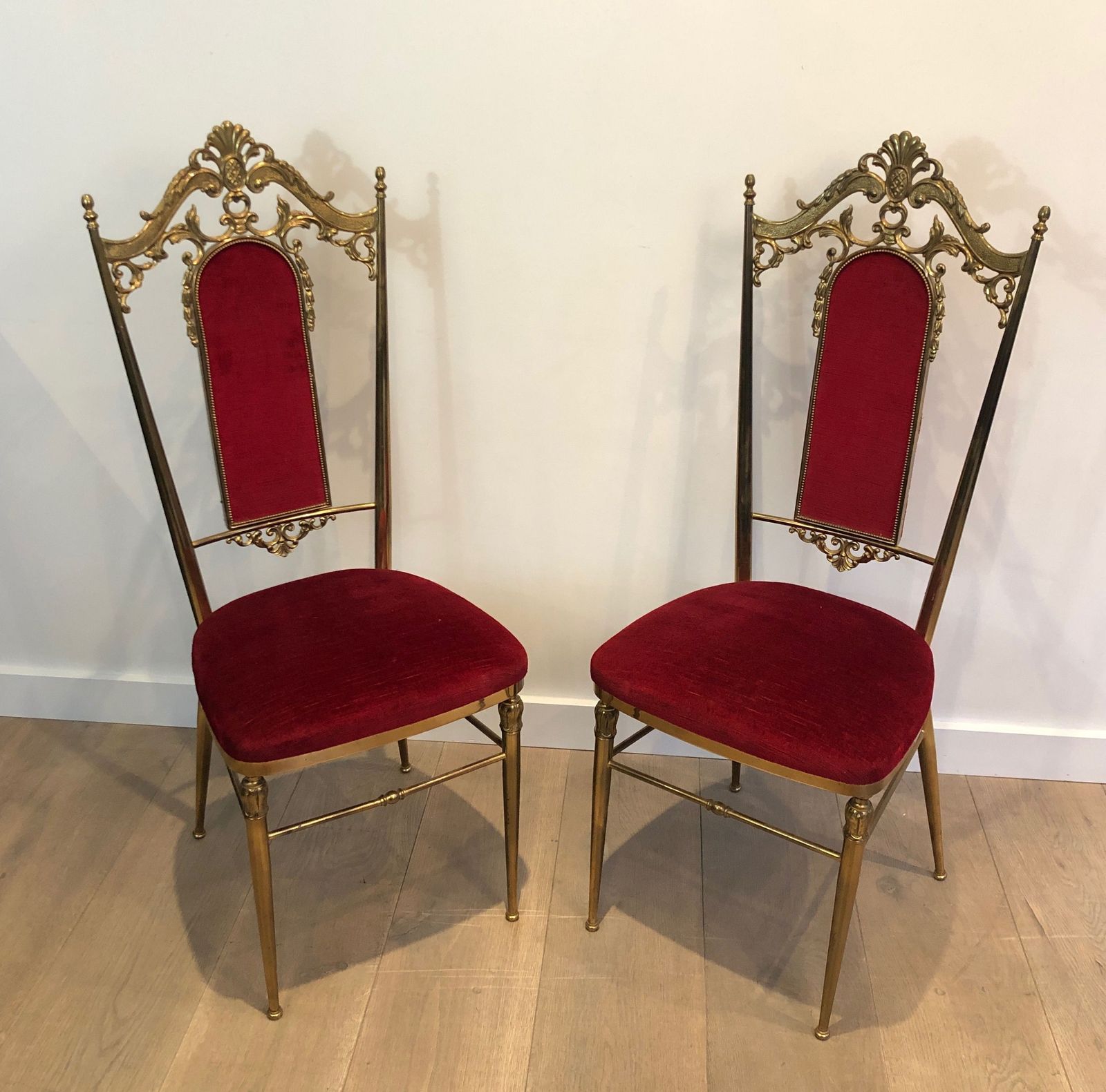 Set Of 4 Brass And Red Velvet Chairs photo furniture