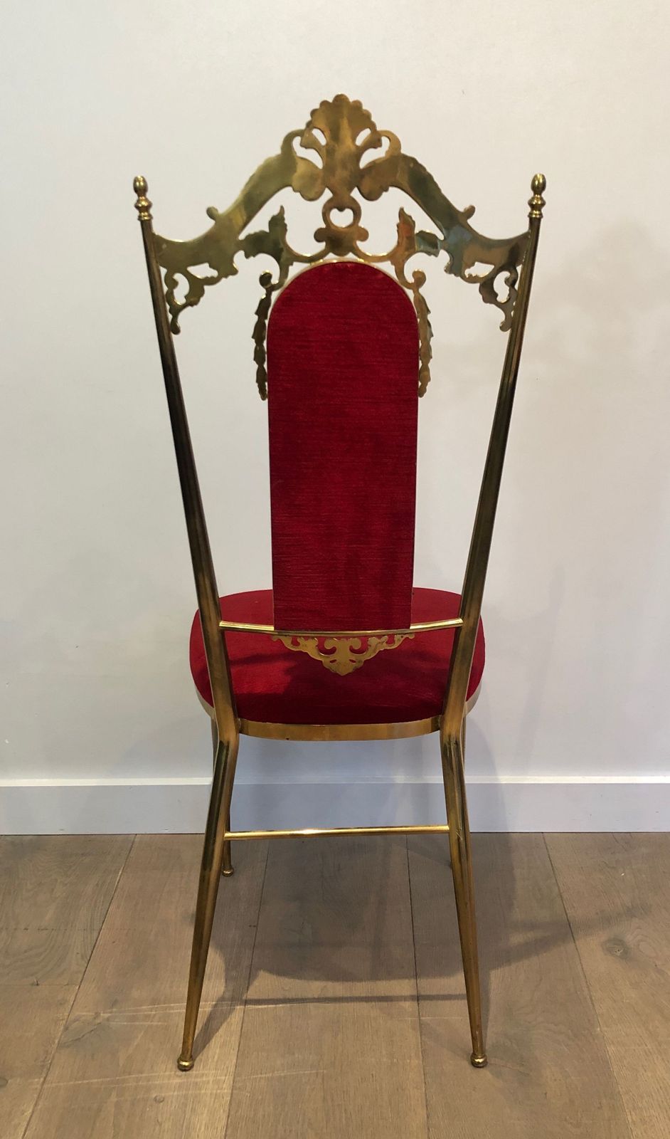 Set Of 4 Brass And Red Velvet Chairs photo vinterior