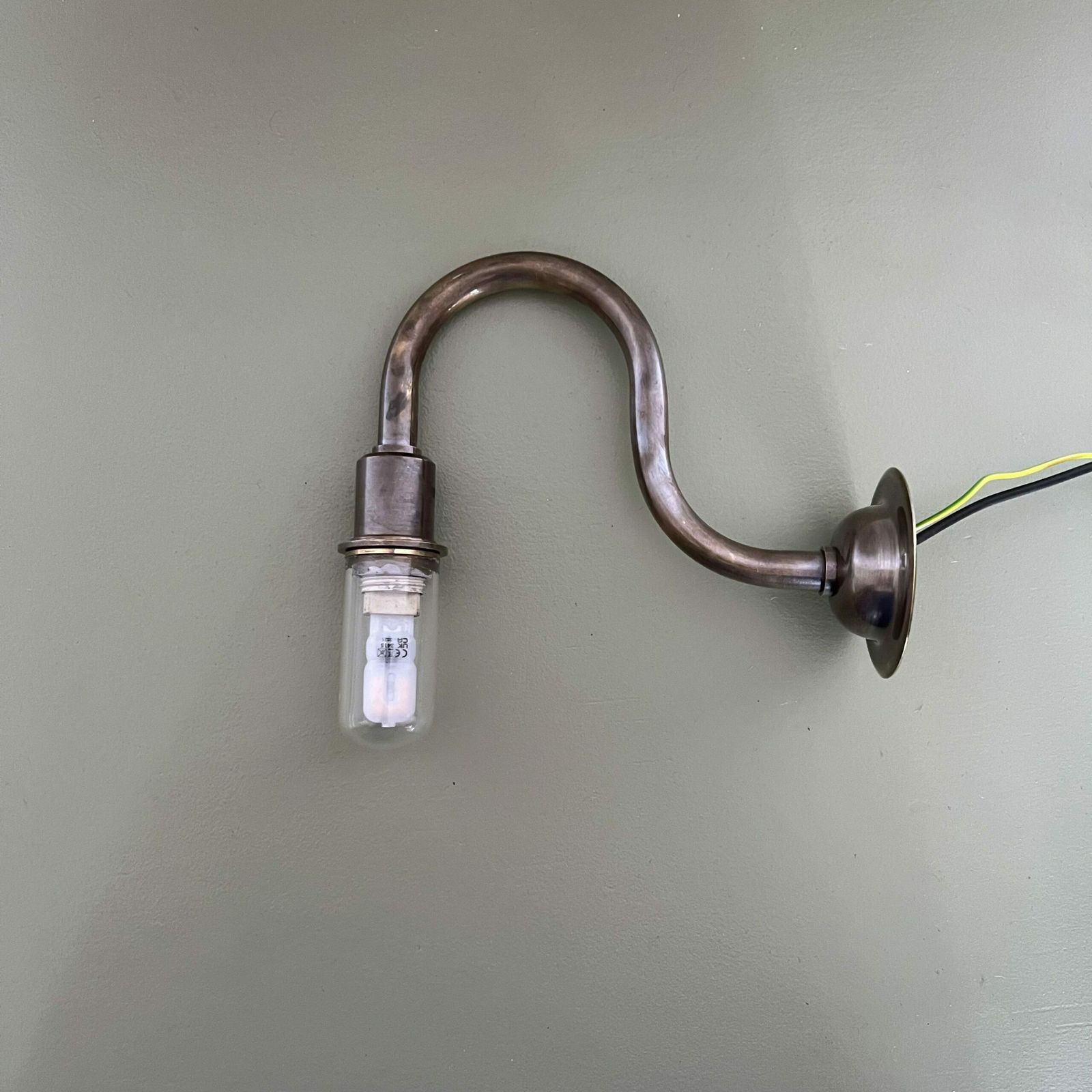 Contemporary Antique Brass Ip44 Rated Wall Light Swan Neck Arms photo for sale