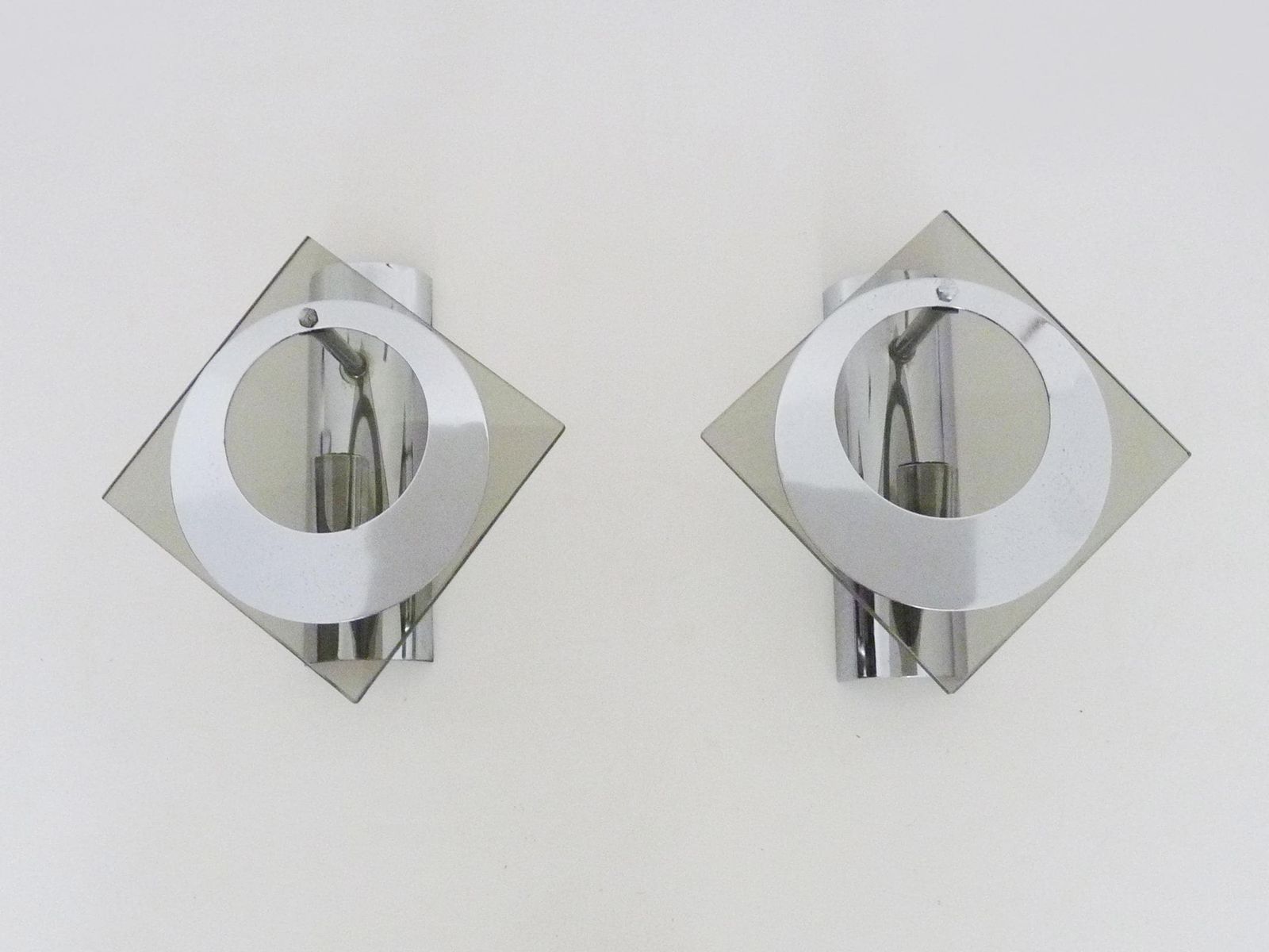 Pair Of Chrome Plated Metal And Glass Wall Sconces, Veca Fontana Arte Style. 1970s