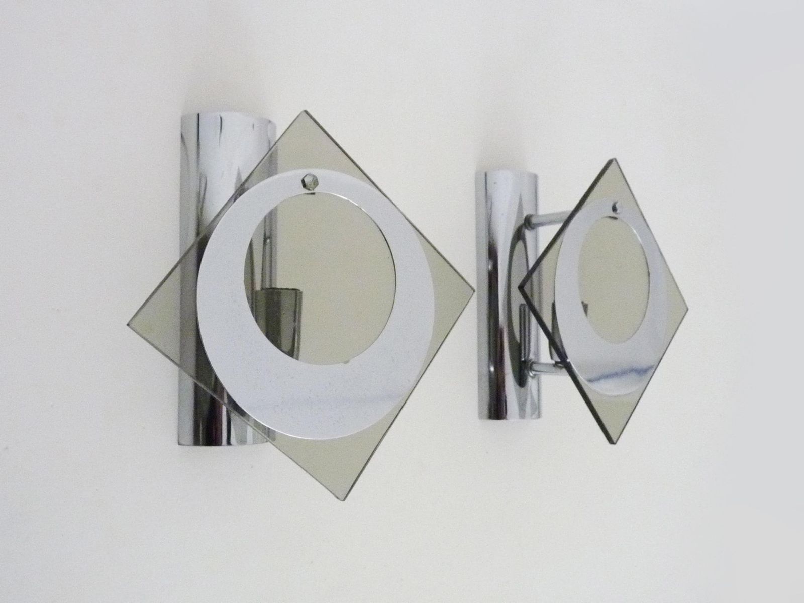 Pair Of Chrome Plated Metal And Glass Wall Sconces, Veca Fontana Arte Style. 1970s photo for sale