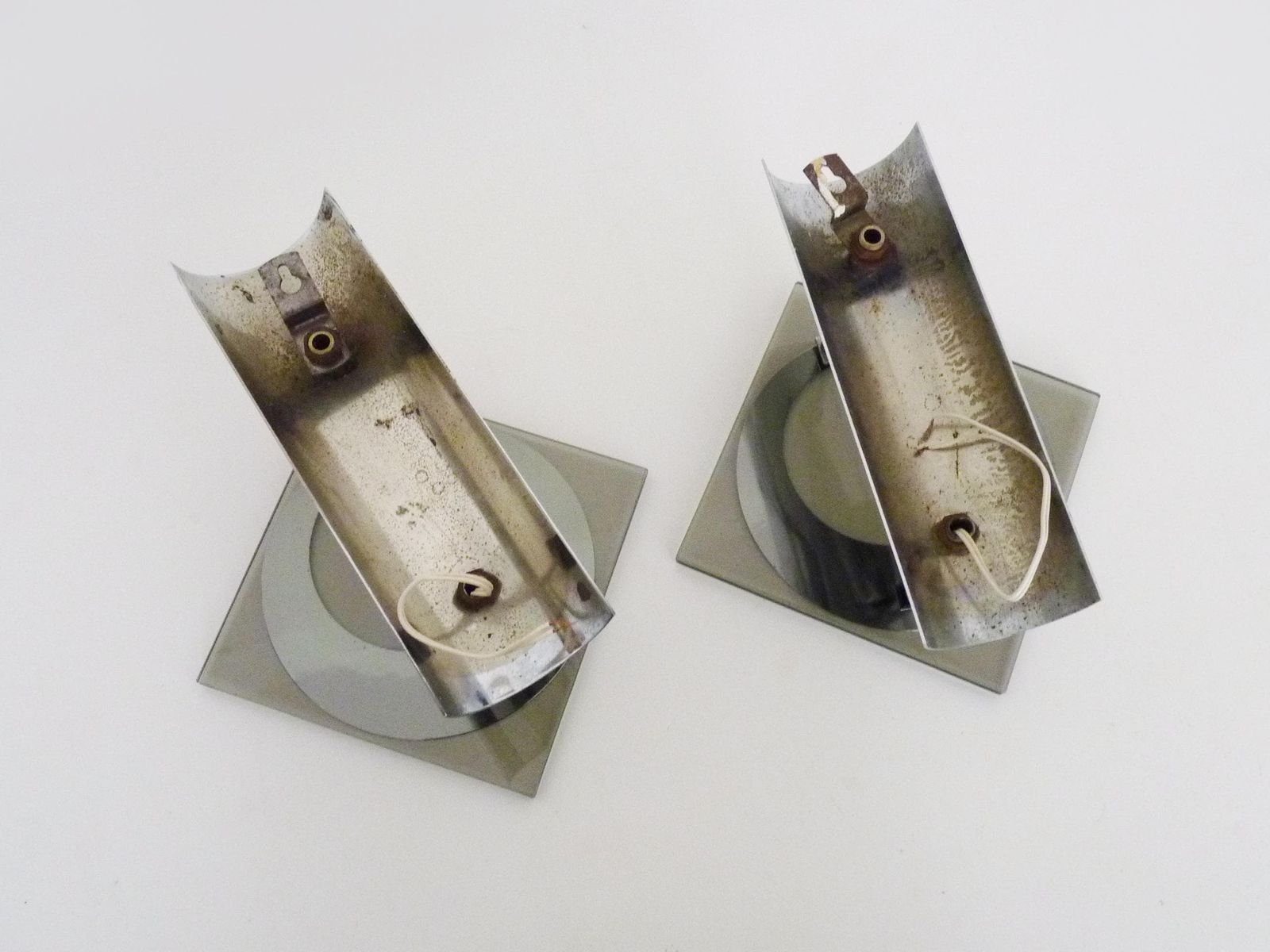 Pair Of Chrome Plated Metal And Glass Wall Sconces, Veca Fontana Arte Style. 1970s photo vintage