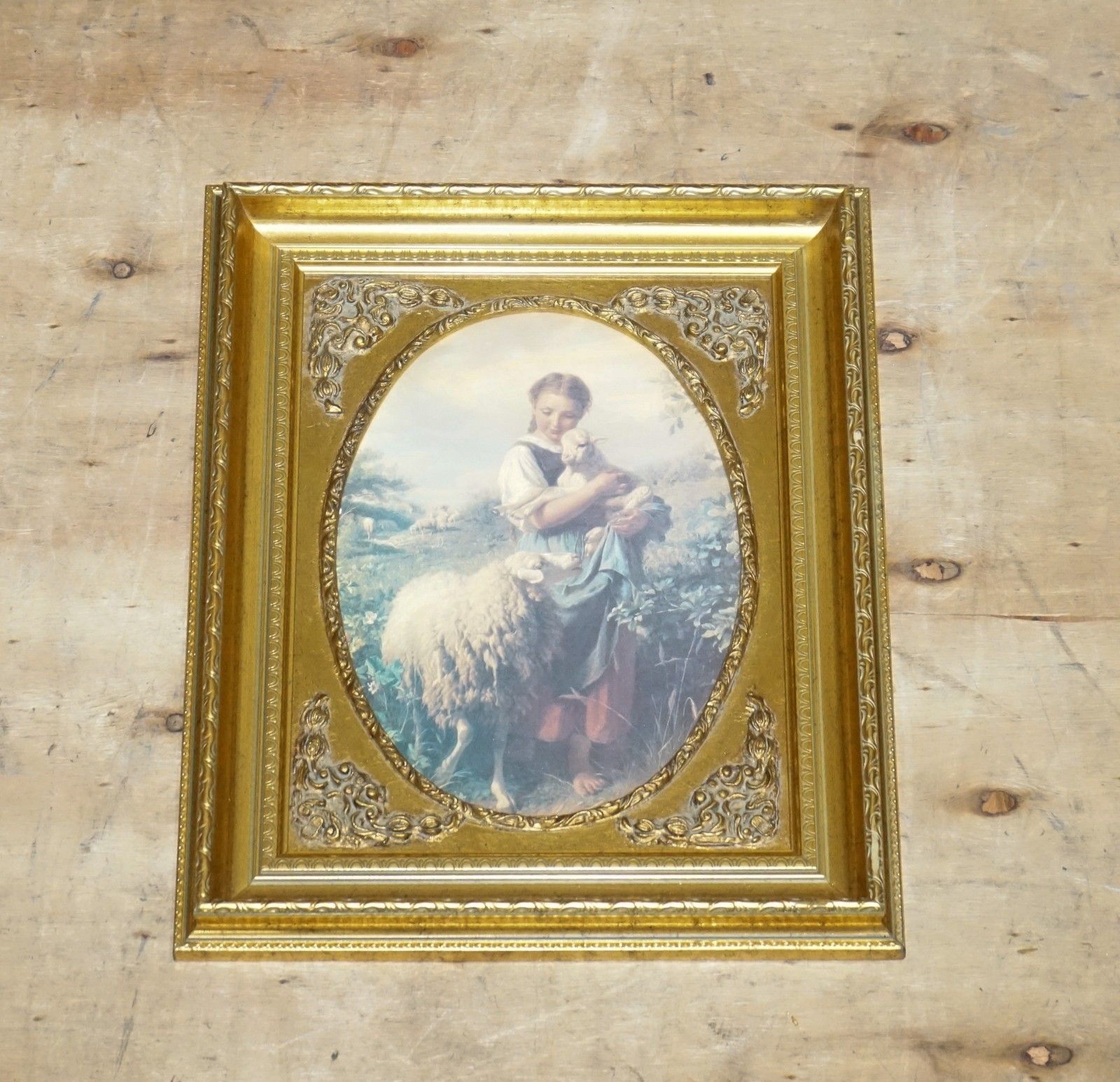 Vintage Victorian Style Print Young Shepherdess Gitled Frame 53 X 42 Cm photo furniture